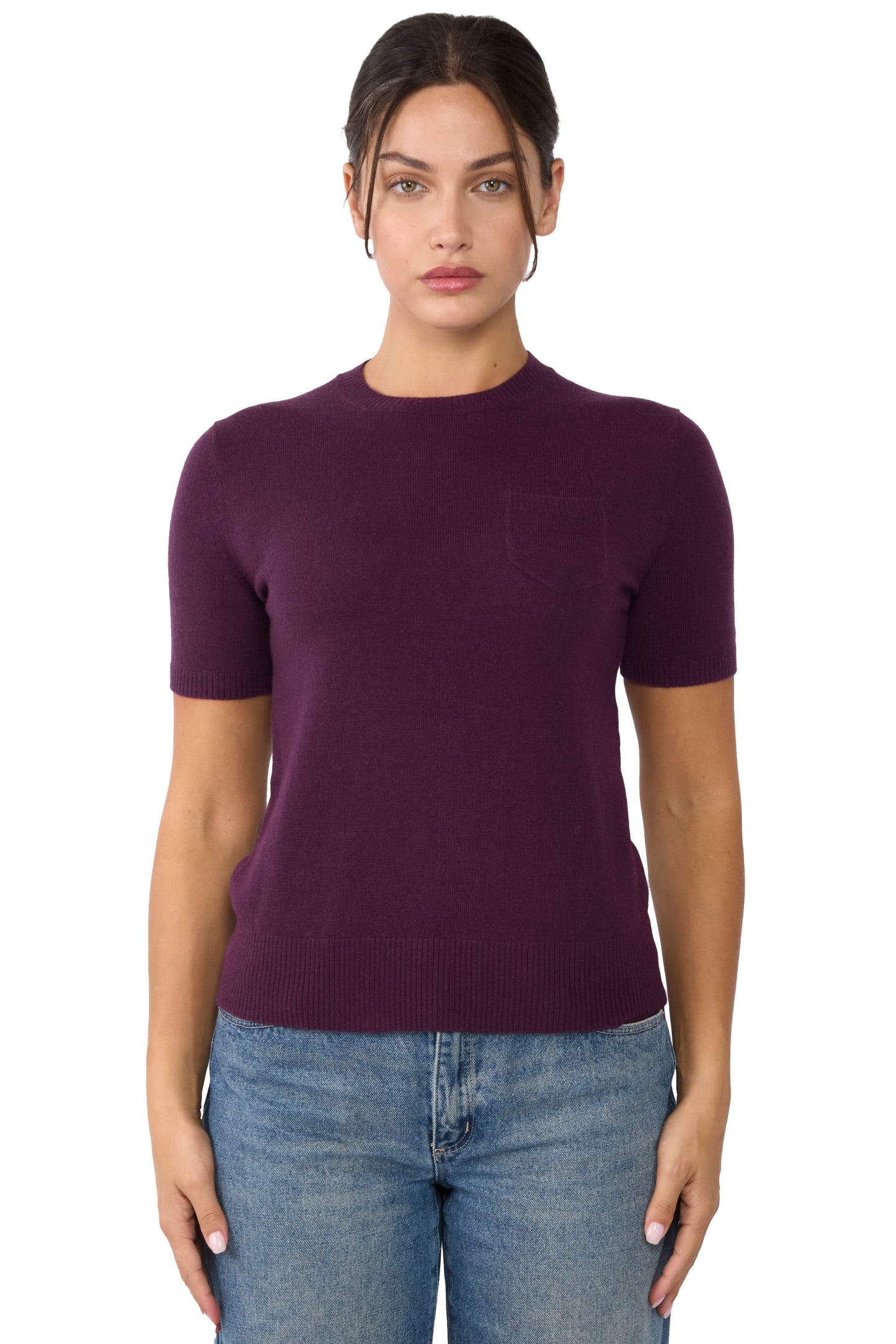 JENNIE LIU Womens 100% Cashmere Crewneck Short Sleeve Sweater