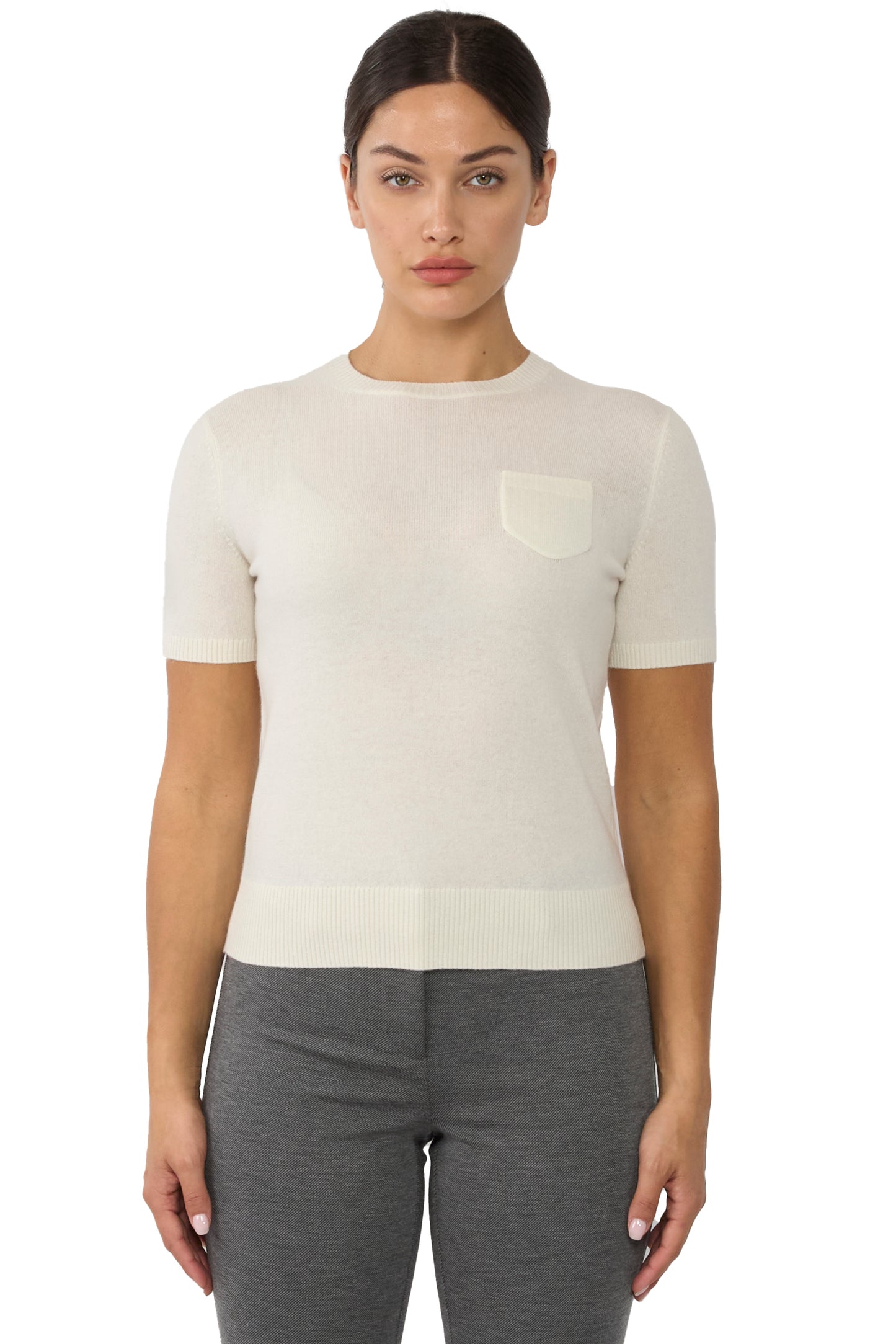 JENNIE LIU Womens 100% Cashmere Crewneck Short Sleeve Sweater