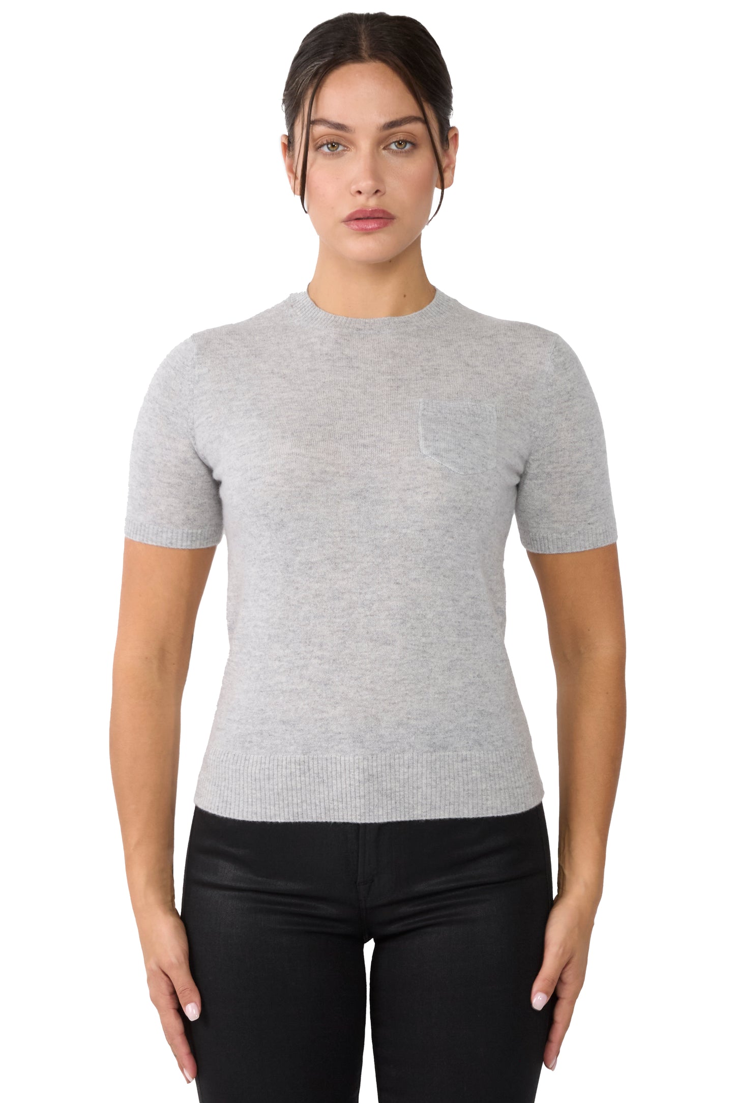 JENNIE LIU Womens 100% Cashmere Crewneck Short Sleeve Sweater