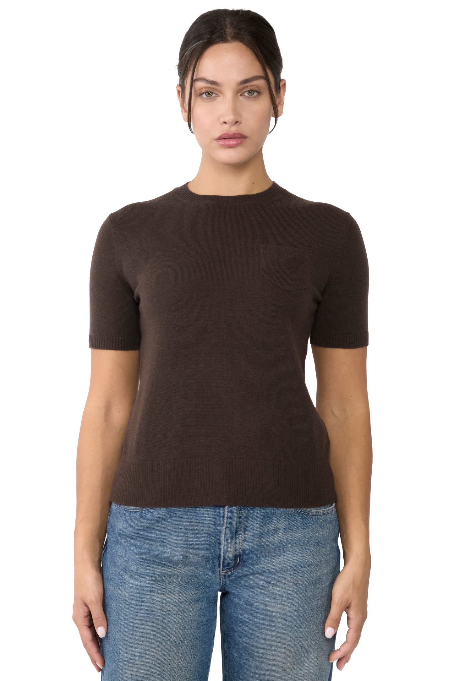 JENNIE LIU Womens 100% Cashmere Crewneck Short Sleeve Sweater