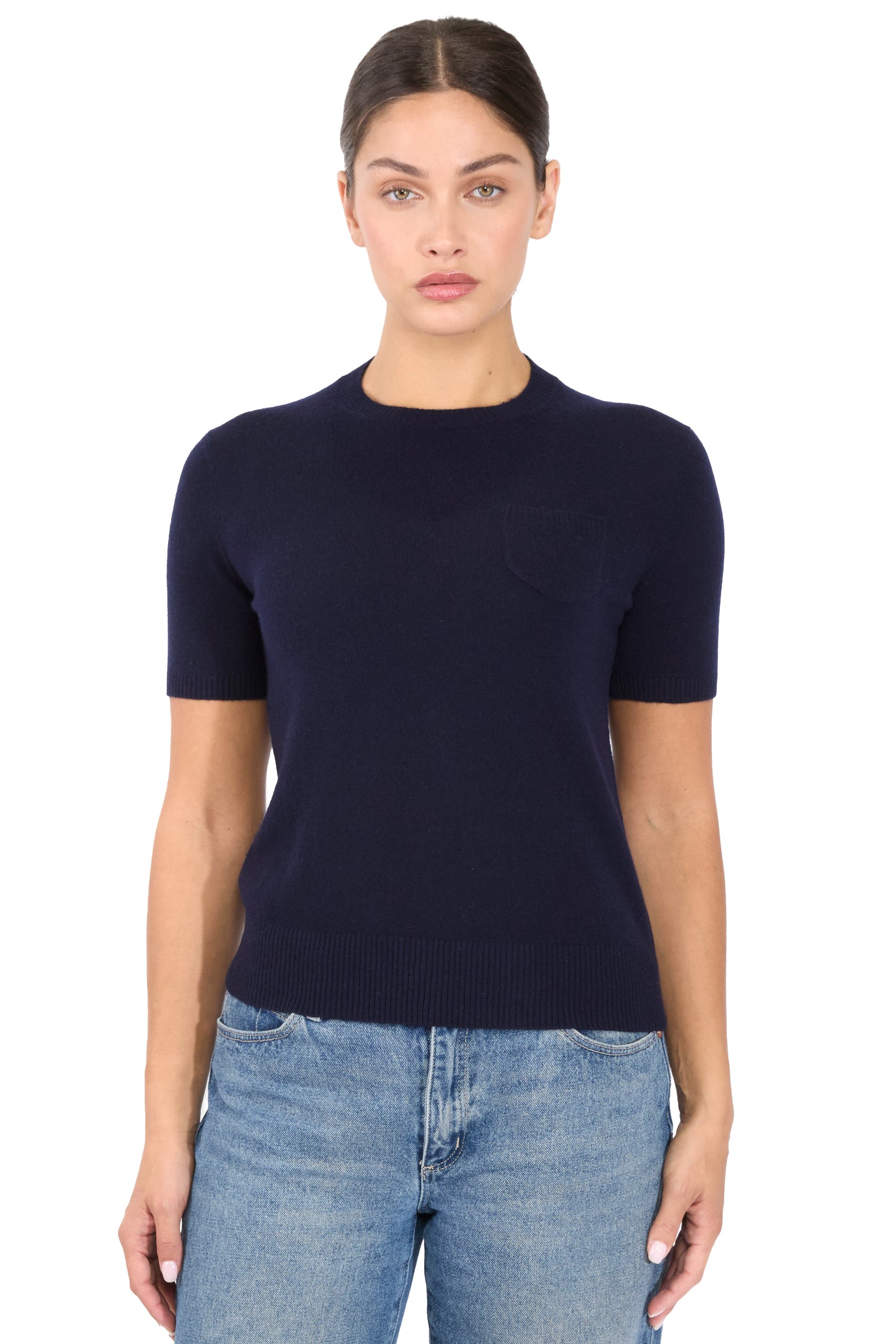 JENNIE LIU Womens 100% Cashmere Crewneck Short Sleeve Sweater