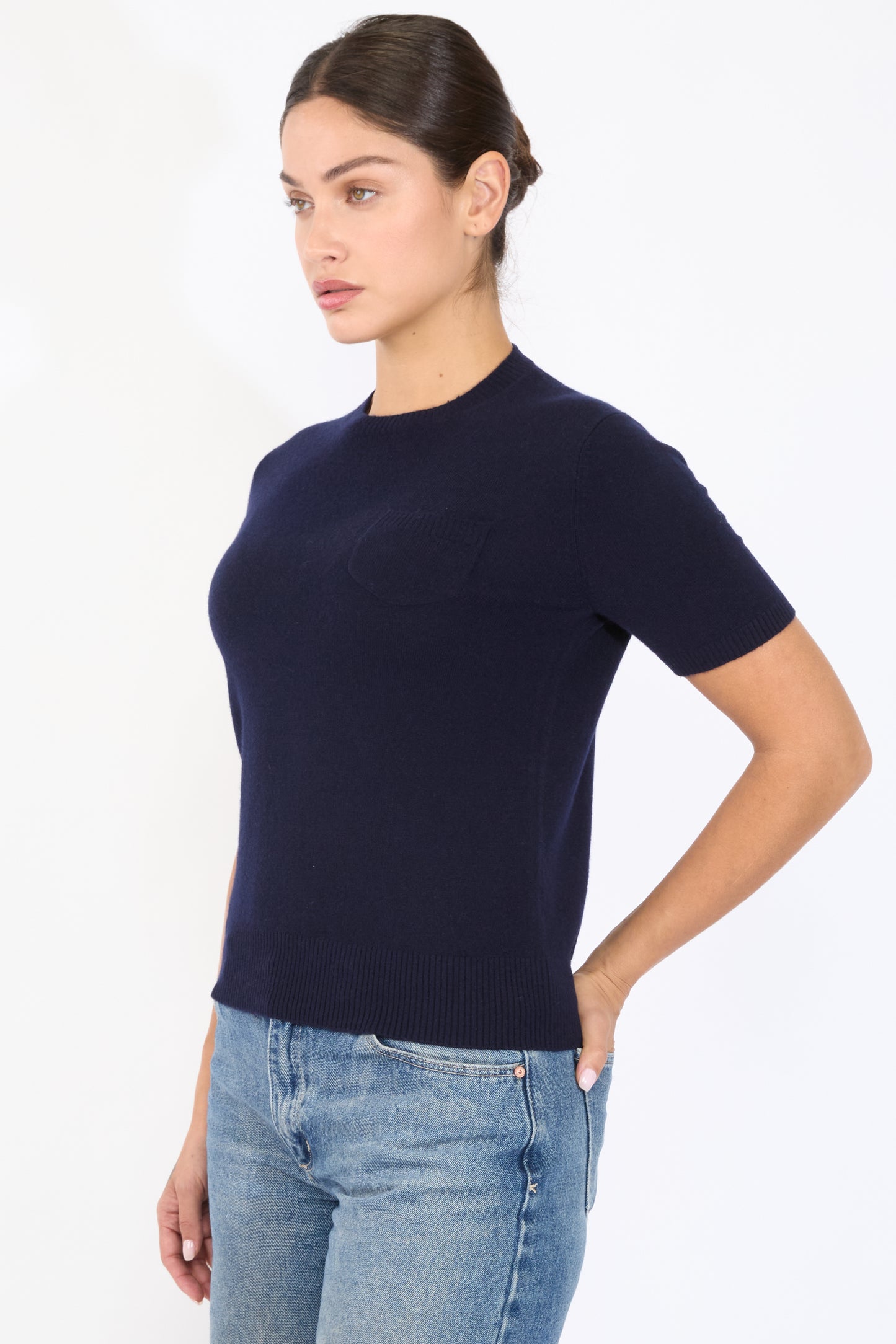 JENNIE LIU Womens 100% Cashmere Crewneck Short Sleeve Sweater