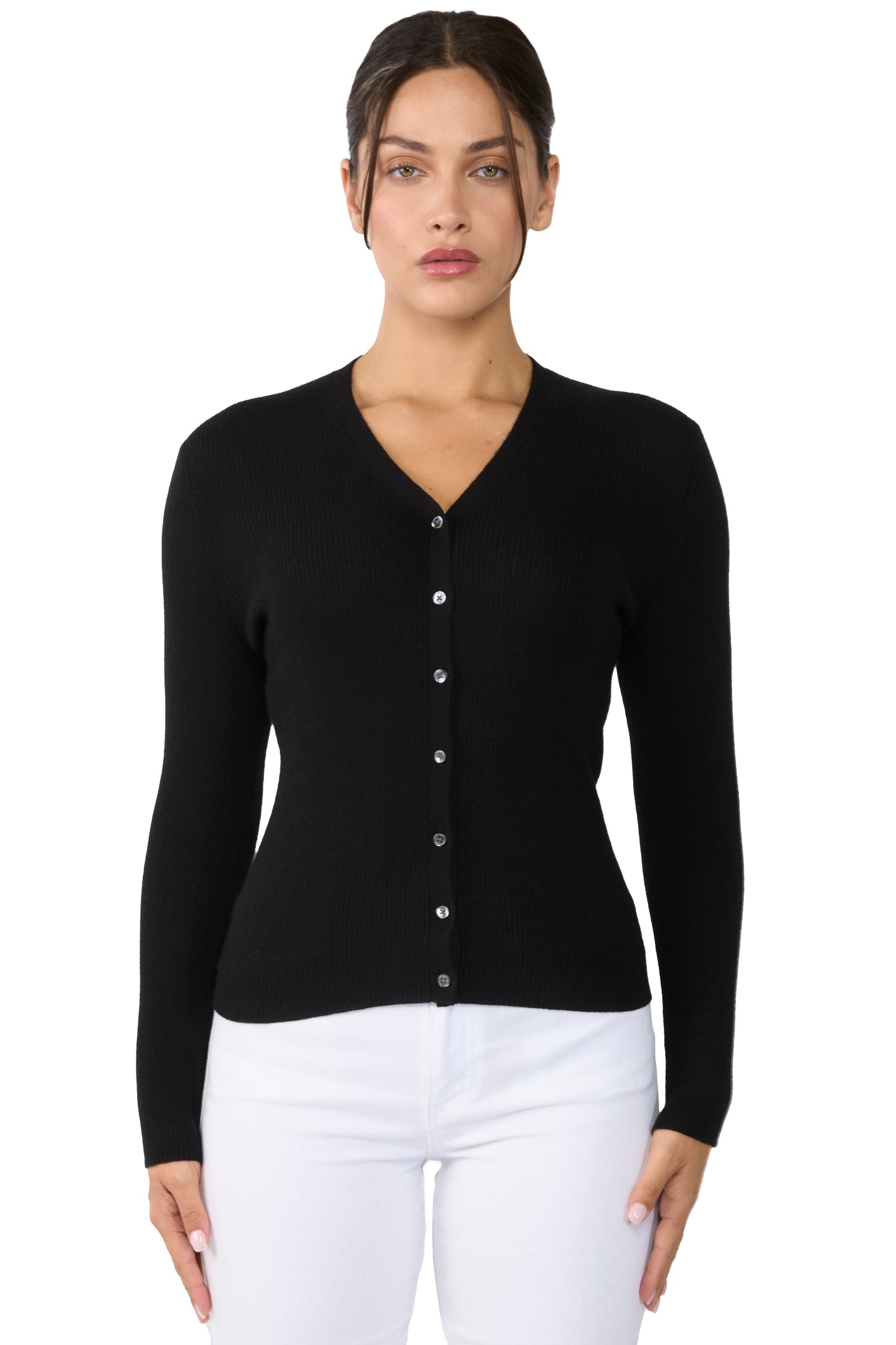 JENNIE LIU Womens 100% Cashmere V-Neck Cardigan Sweater | Ribbed Tissue Weight Cashmere Sweaters for Women