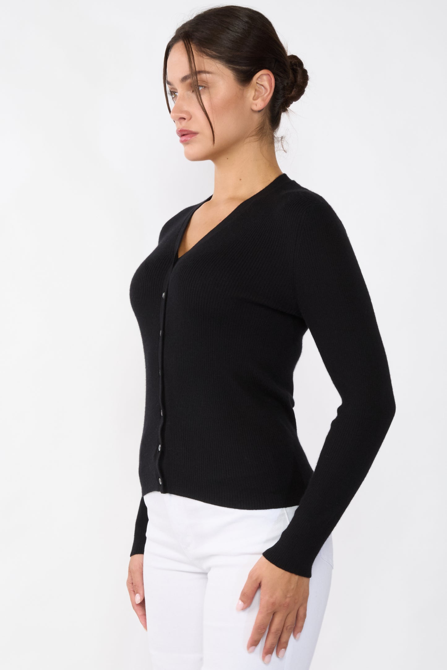 JENNIE LIU Womens 100% Cashmere V-Neck Cardigan Sweater | Ribbed Tissue Weight Cashmere Sweaters for Women