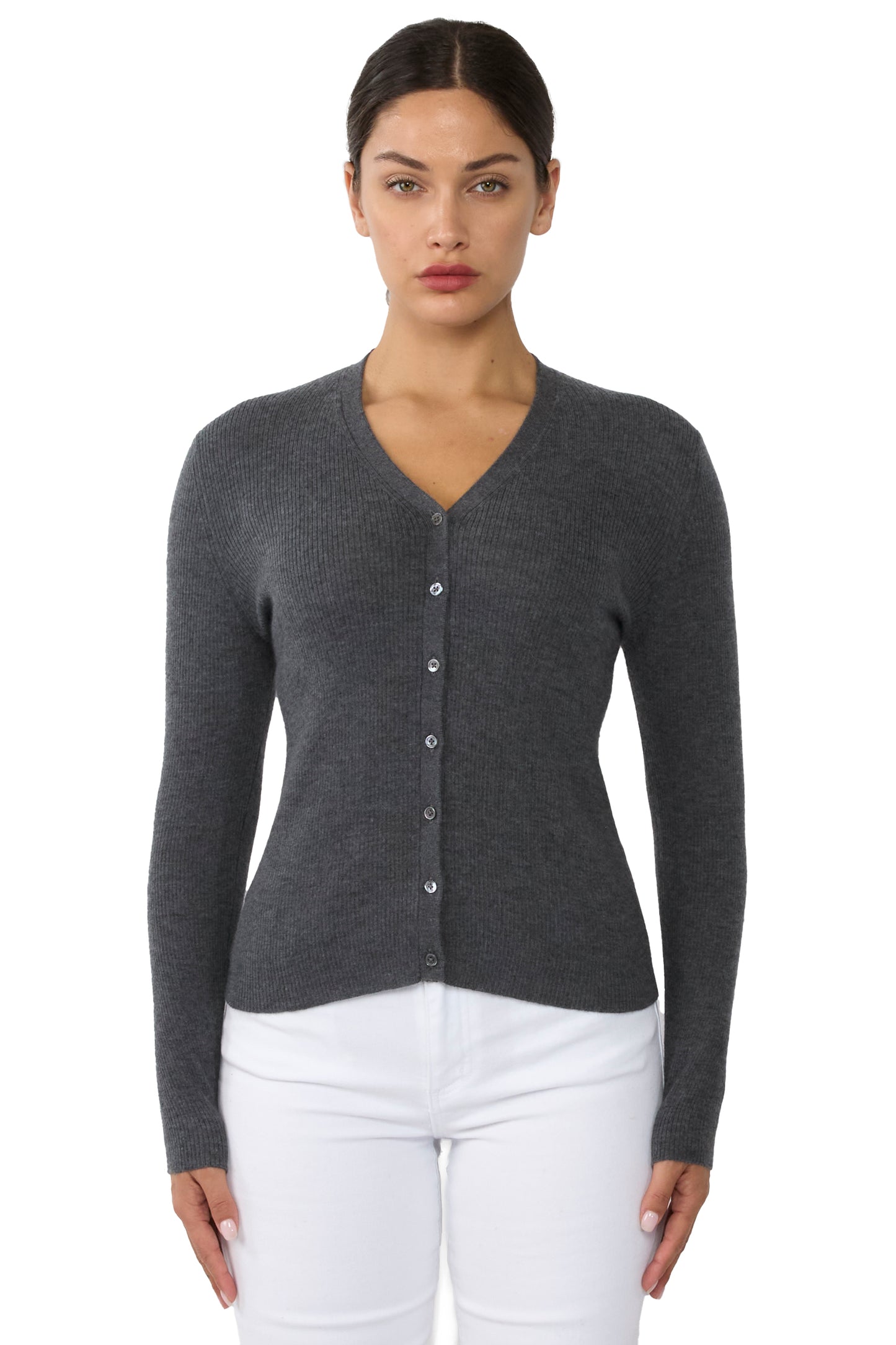 JENNIE LIU Womens 100% Cashmere V-Neck Cardigan Sweater | Ribbed Tissue Weight Cashmere Sweaters for Women