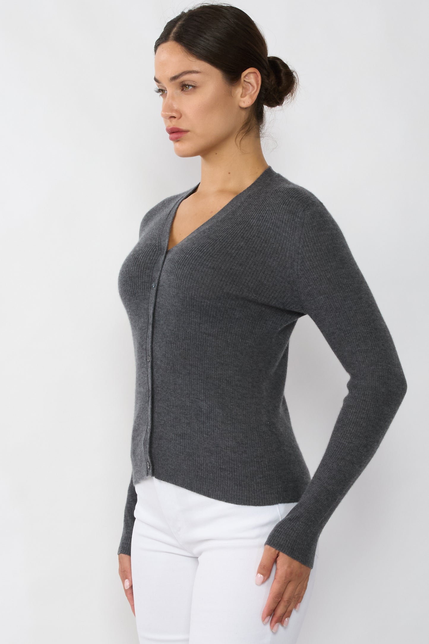 JENNIE LIU Womens 100% Cashmere V-Neck Cardigan Sweater | Ribbed Tissue Weight Cashmere Sweaters for Women