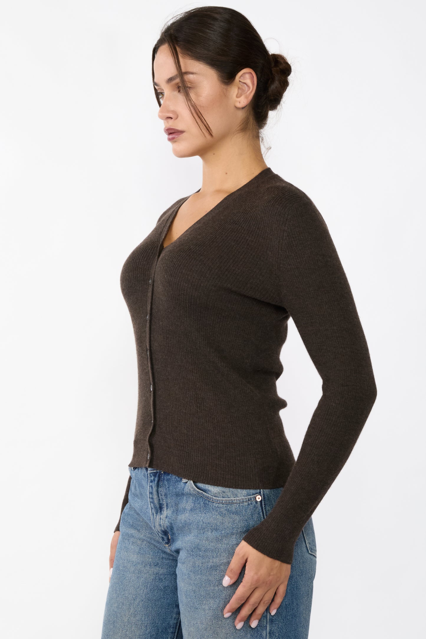 JENNIE LIU Womens 100% Cashmere V-Neck Cardigan Sweater | Ribbed Tissue Weight Cashmere Sweaters for Women