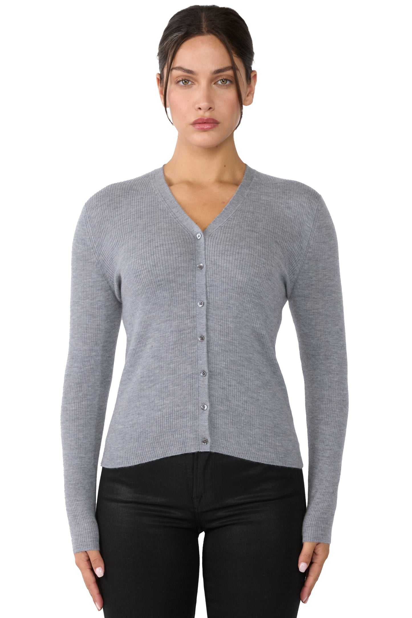 JENNIE LIU Womens 100% Cashmere V-Neck Cardigan Sweater | Ribbed Tissue Weight Cashmere Sweaters for Women