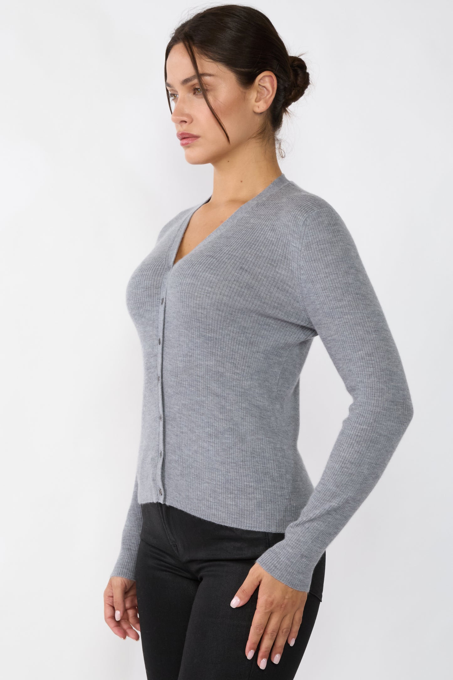 JENNIE LIU Womens 100% Cashmere V-Neck Cardigan Sweater | Ribbed Tissue Weight Cashmere Sweaters for Women