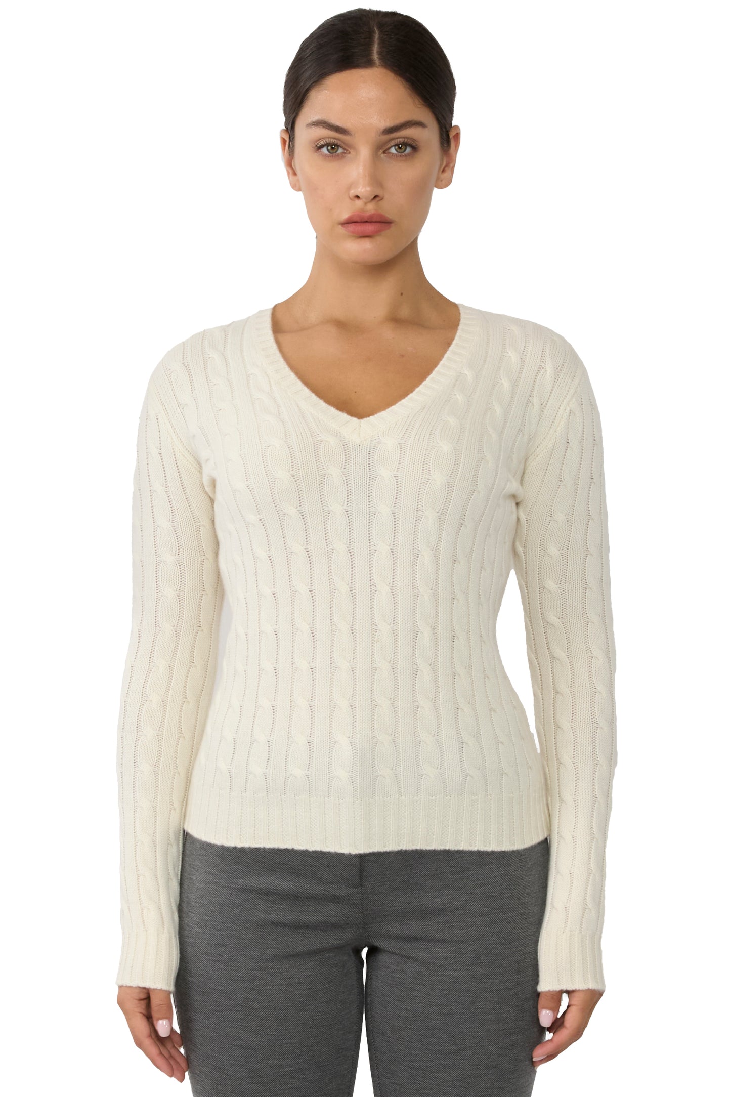 JENNIE LIU 100% Cashmere V-Neck Sweater | Chuncky Cashmere Cable-knit Sweaters for Women