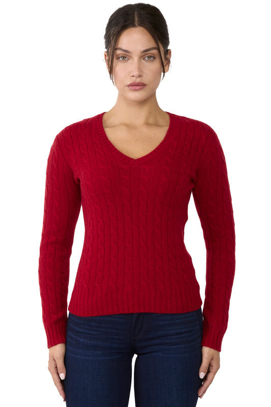 JENNIE LIU 100% Cashmere V-Neck Sweater | Chuncky Cashmere Cable-knit Sweaters for Women