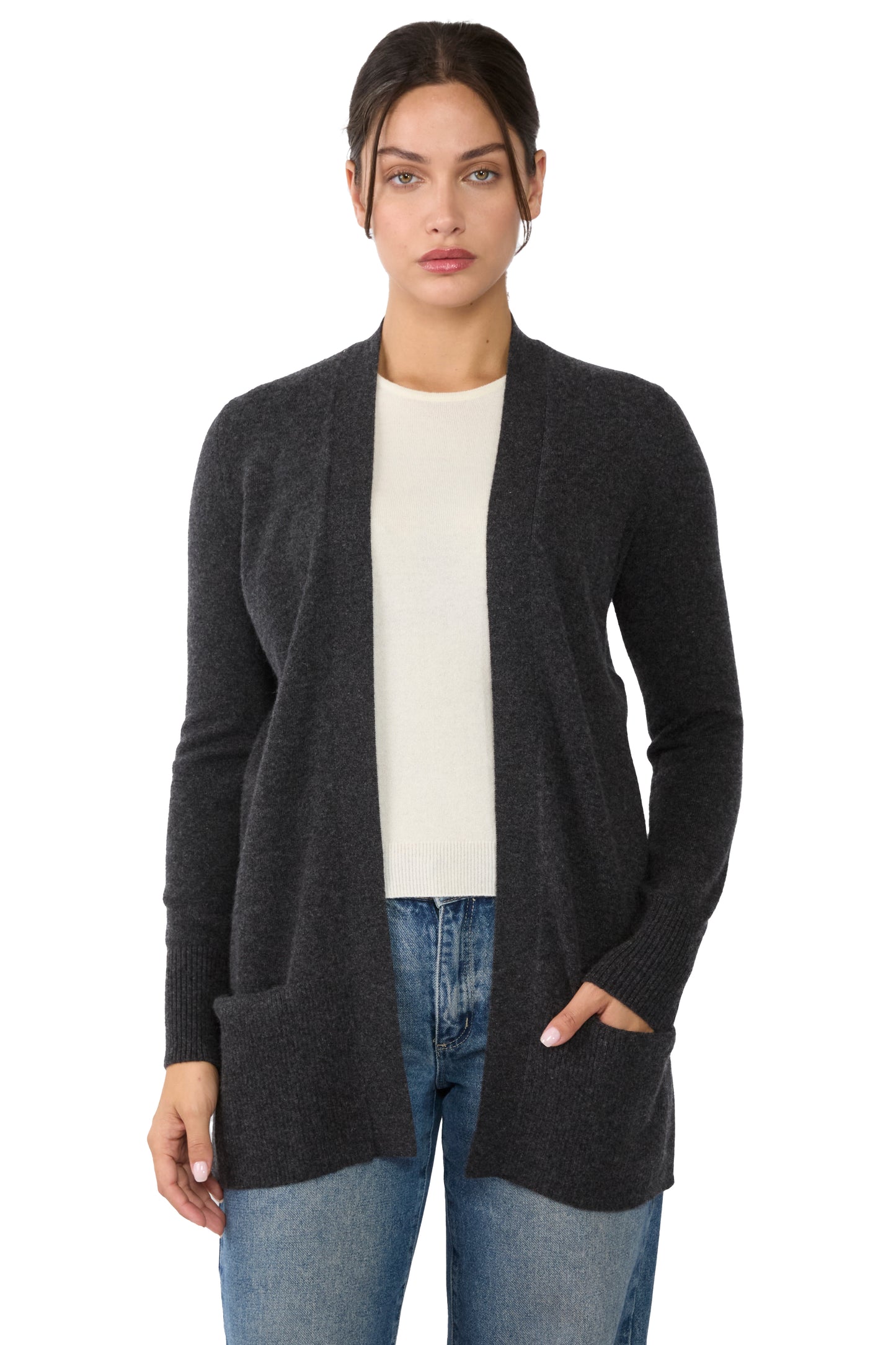 JENNIE LIU Womens 100% Cashmere Open Cardigan Sweater | Long Cardigan Sweaters for Women