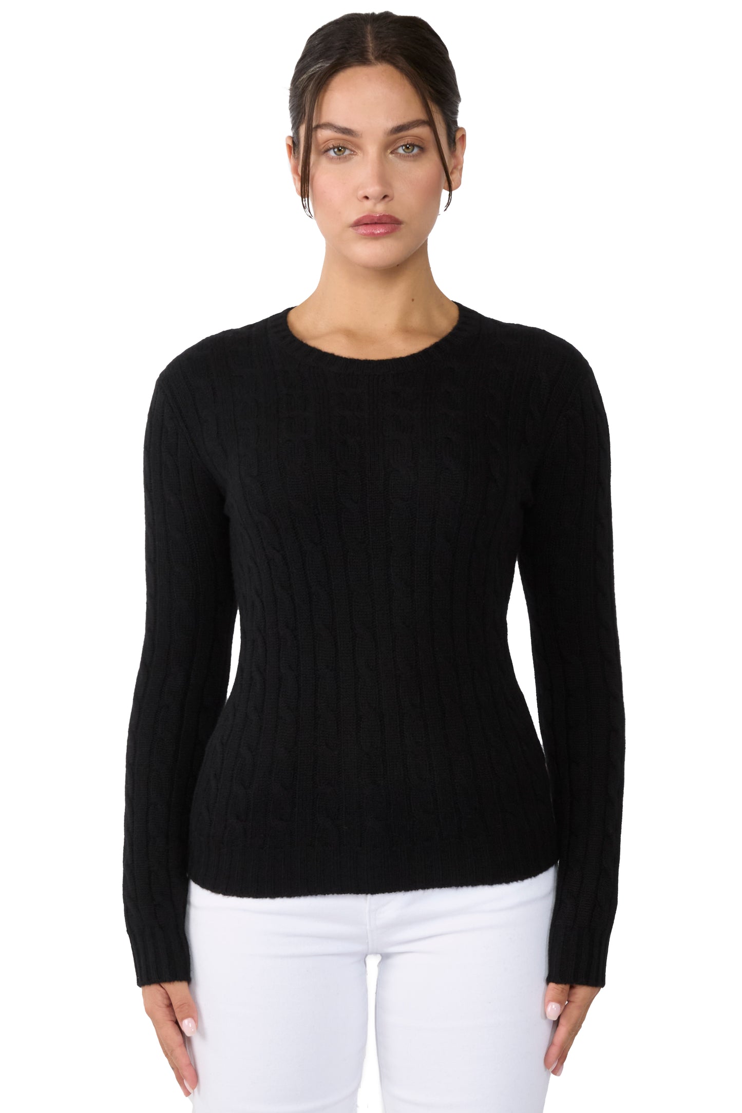JENNIE LIU 100% Cashmere Crewneck Sweater | Chuncky Cashmere Cable-knit Sweaters for Women