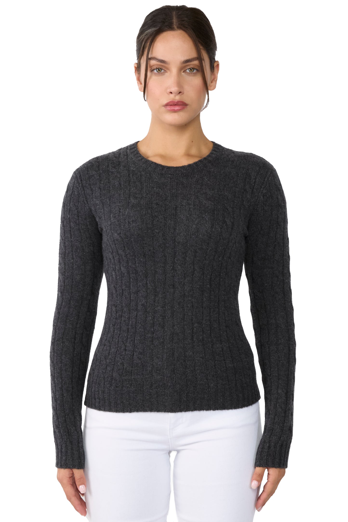 JENNIE LIU 100% Cashmere Crewneck Sweater | Chuncky Cashmere Cable-knit Sweaters for Women