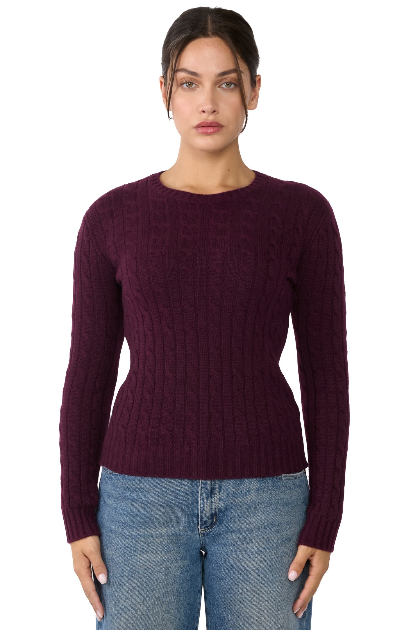 JENNIE LIU 100% Cashmere Crewneck Sweater | Chuncky Cashmere Cable-knit Sweaters for Women
