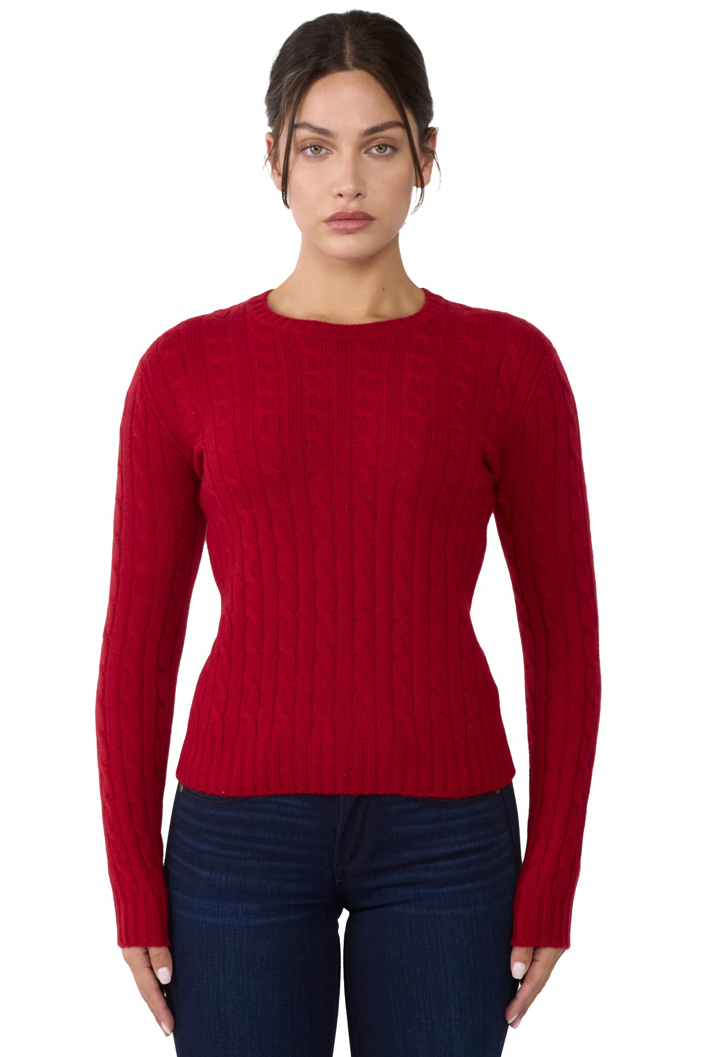 JENNIE LIU 100% Cashmere Crewneck Sweater | Chuncky Cashmere Cable-knit Sweaters for Women