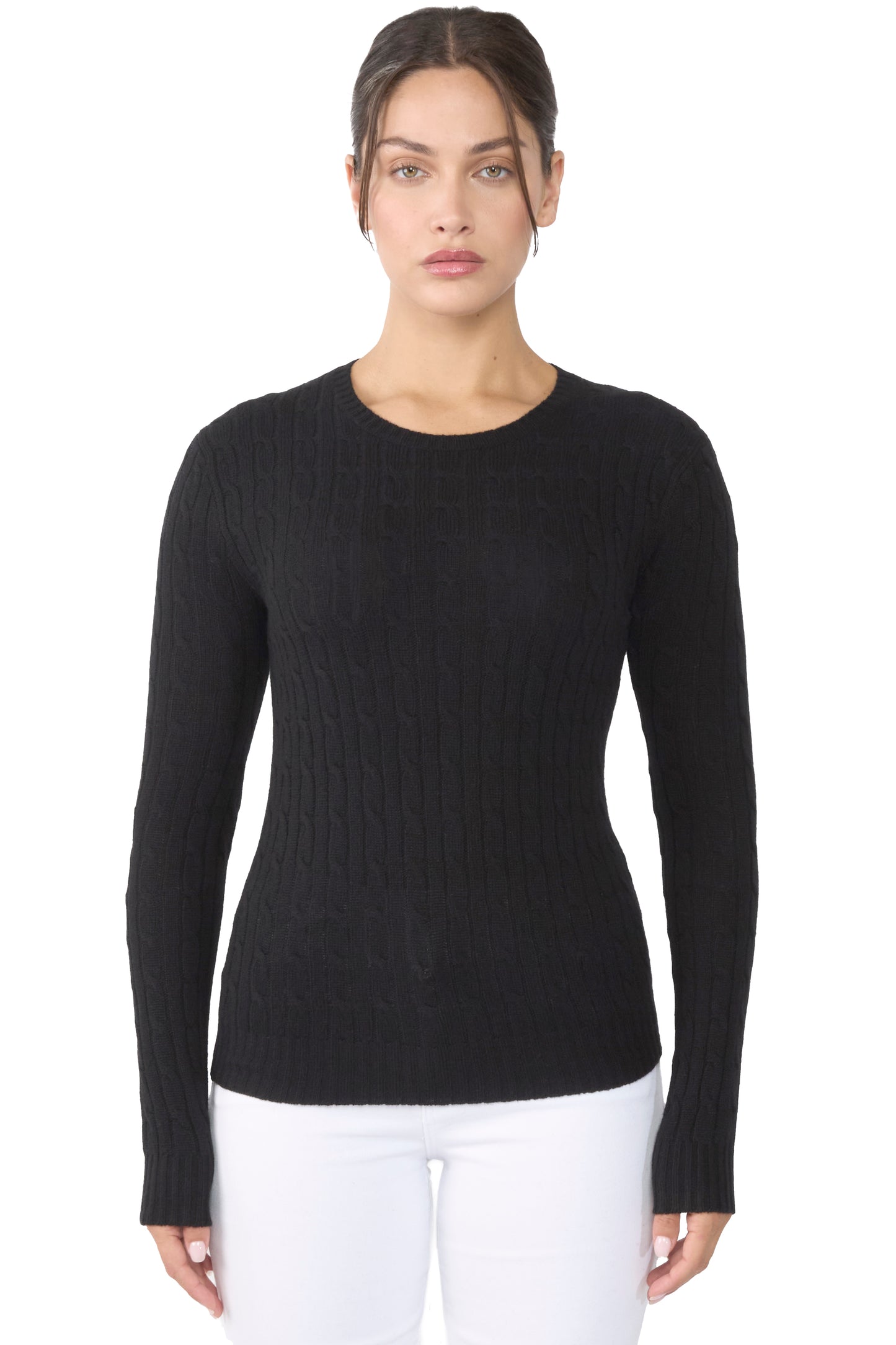 JENNIE LIU Women's 100% Cashmere Cable-knit Long Sleeve Pullover Crew Neck Sweater