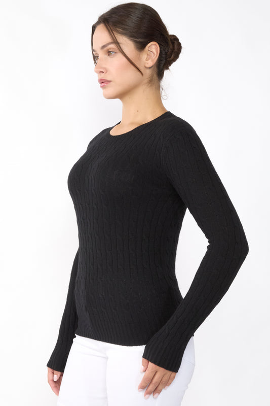 JENNIE LIU Women's 100% Cashmere Cable-knit Long Sleeve Pullover Crew Neck Sweater