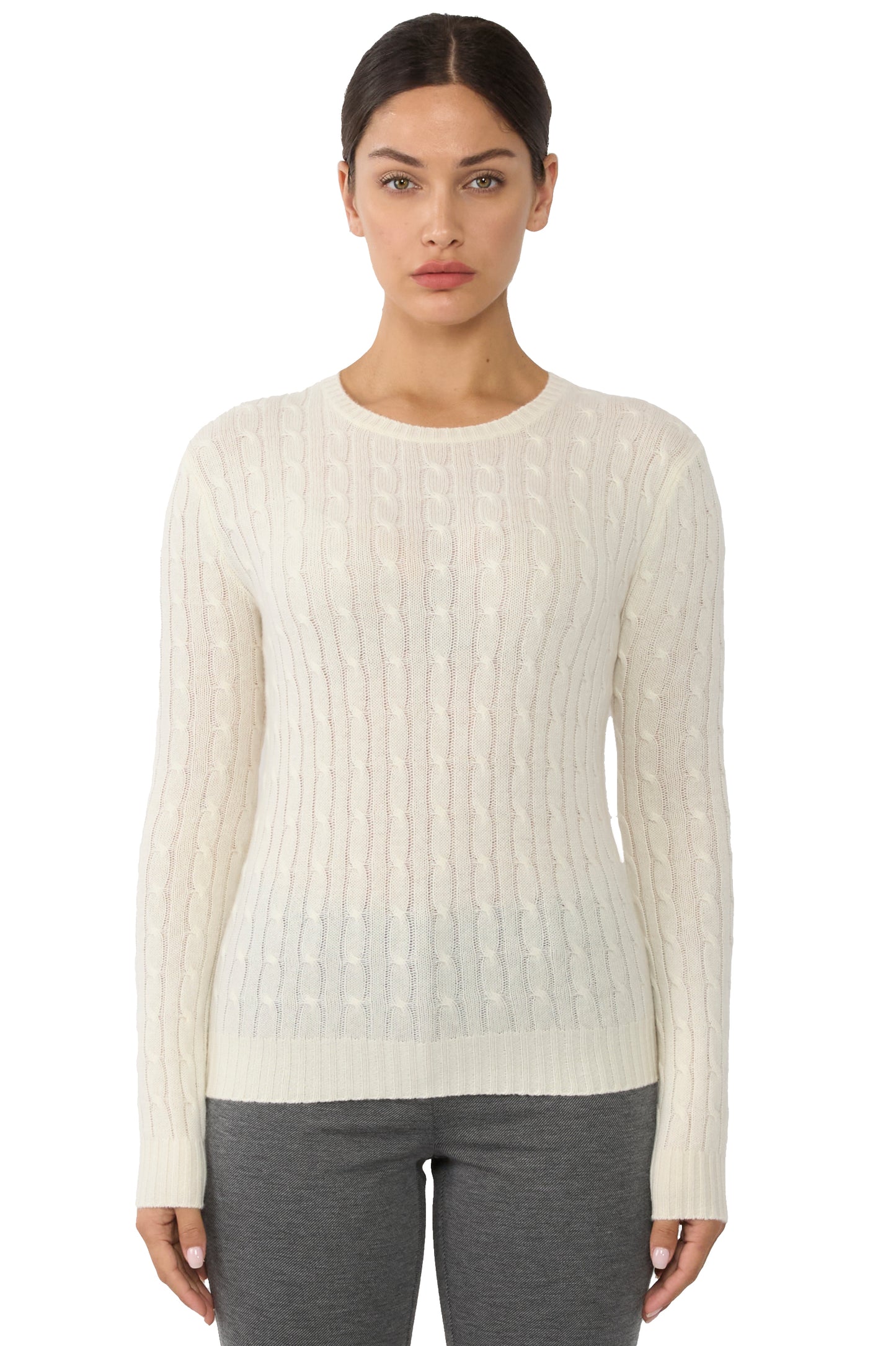 JENNIE LIU Women's 100% Cashmere Cable-knit Long Sleeve Pullover Crew Neck Sweater