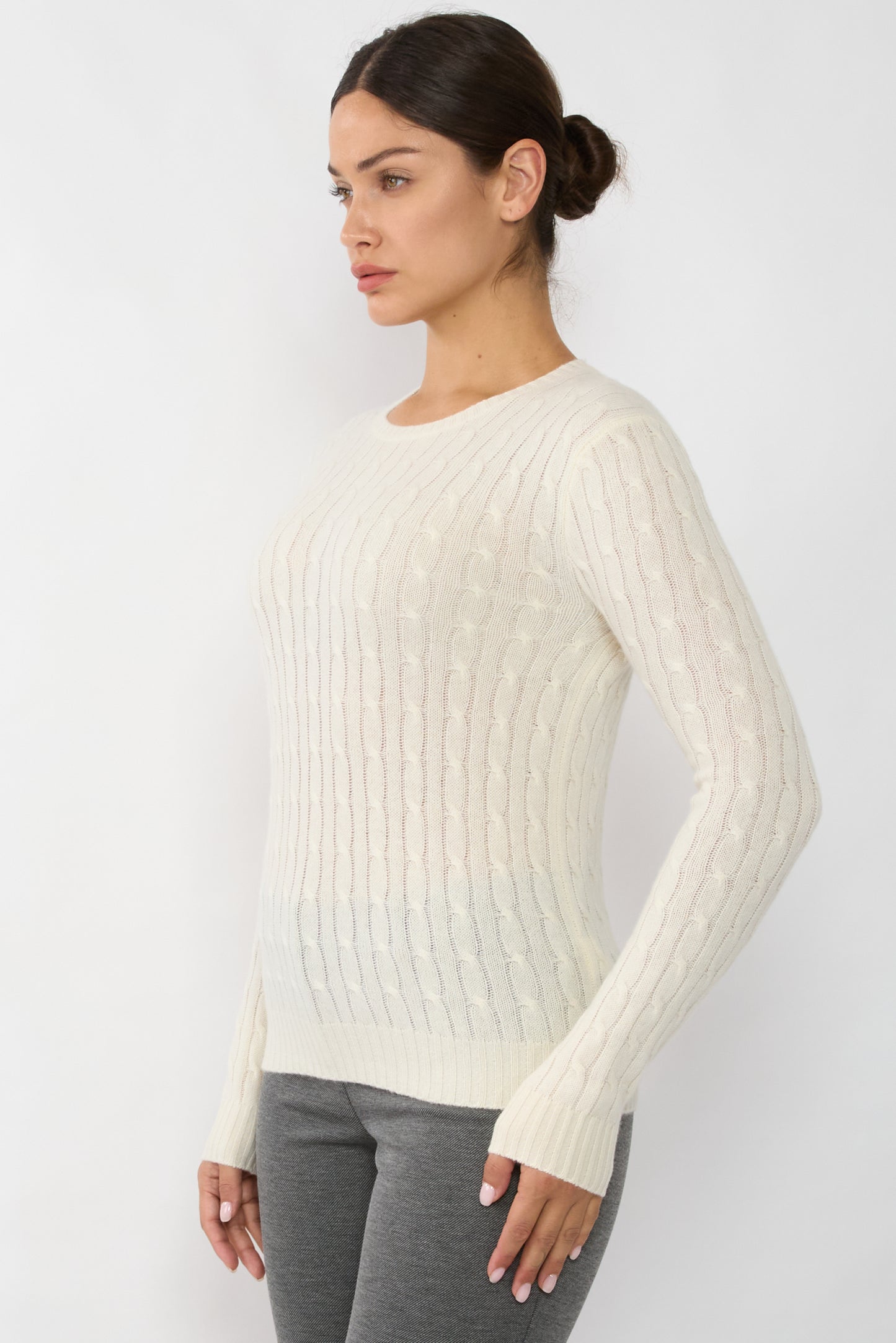 JENNIE LIU Women's 100% Cashmere Cable-knit Long Sleeve Pullover Crew Neck Sweater