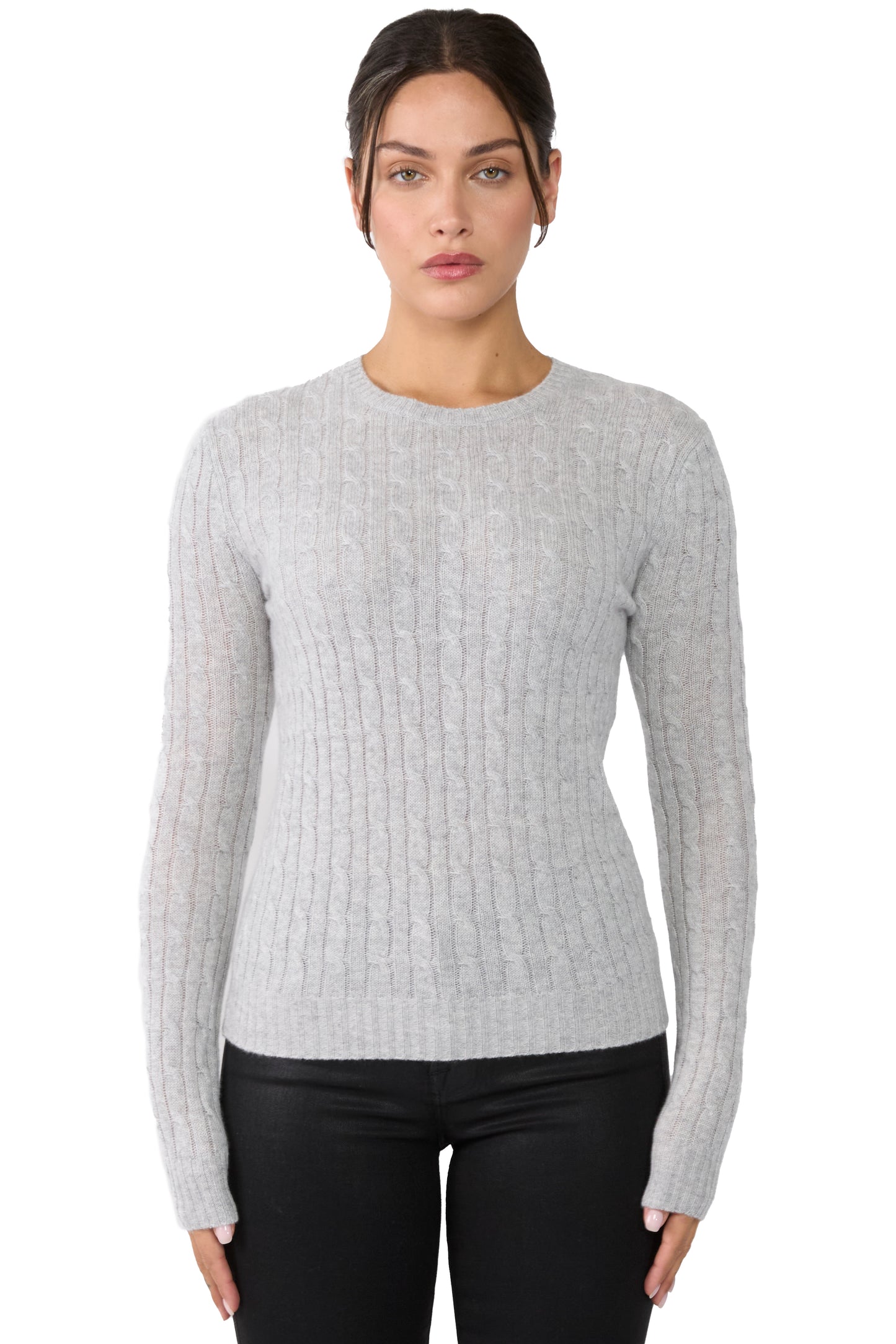 JENNIE LIU Women's 100% Cashmere Cable-knit Long Sleeve Pullover Crew Neck Sweater