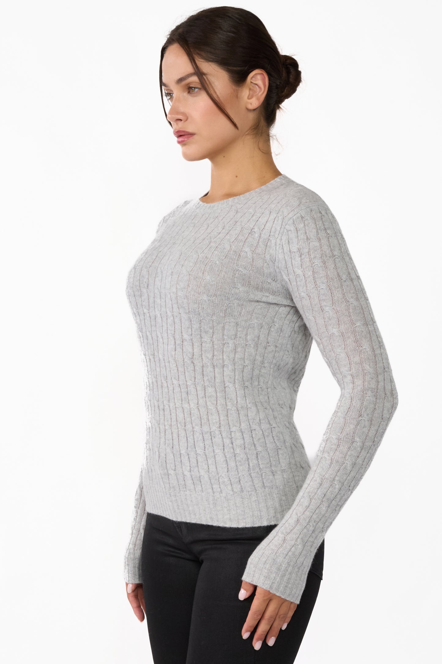 JENNIE LIU Women's 100% Cashmere Cable-knit Long Sleeve Pullover Crew Neck Sweater
