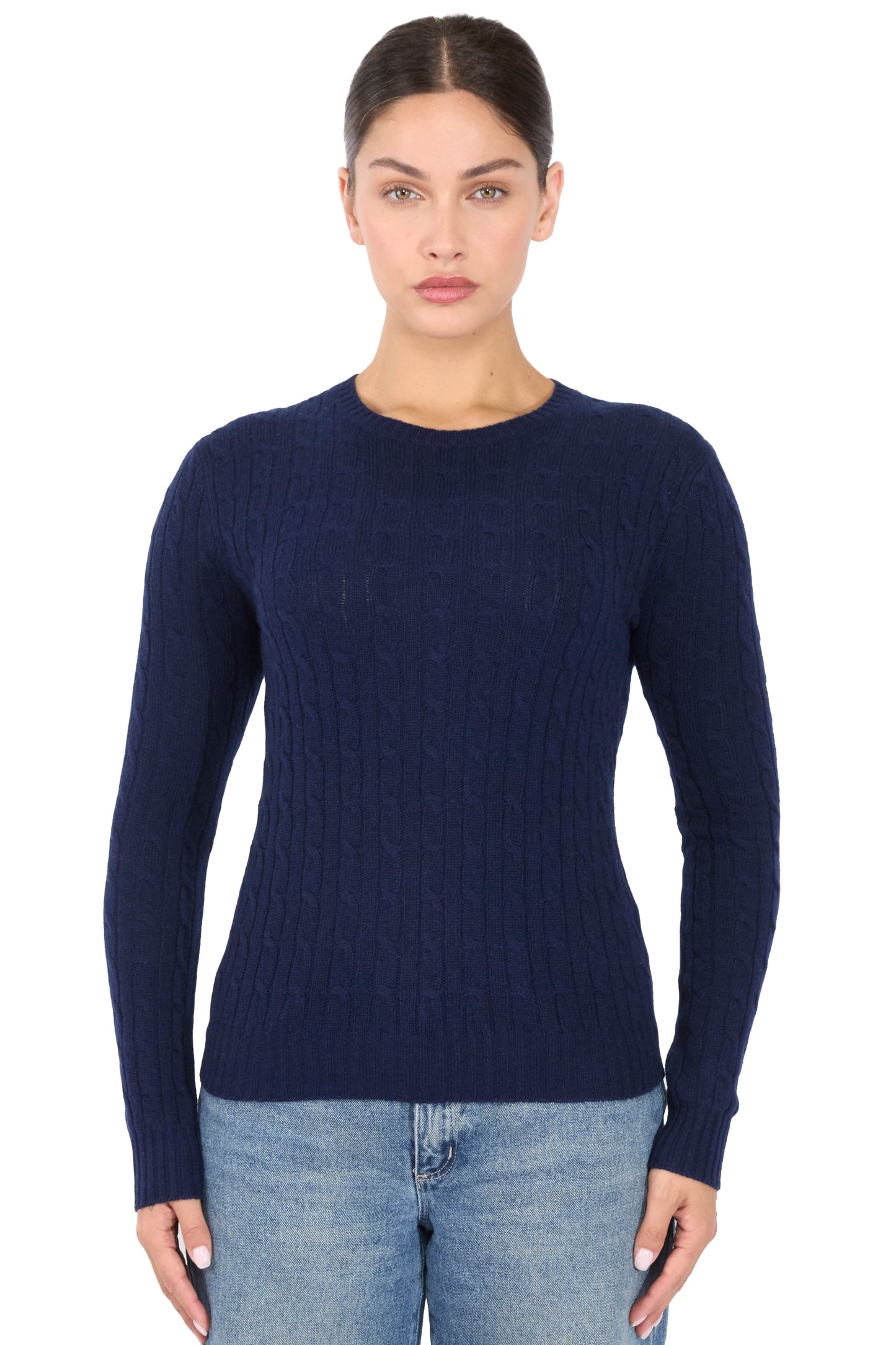 JENNIE LIU Women's 100% Cashmere Cable-knit Long Sleeve Pullover Crew Neck Sweater