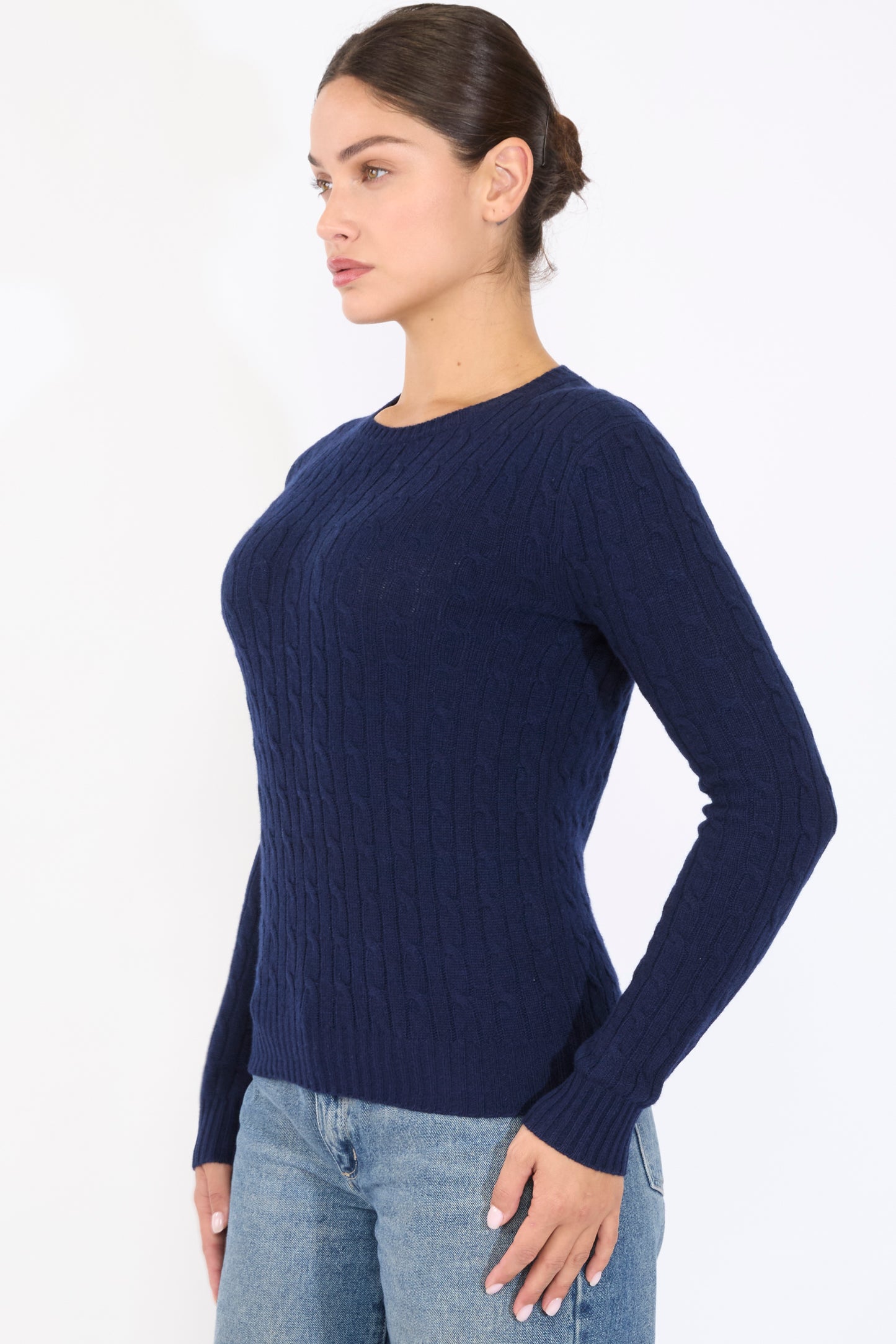 JENNIE LIU Women's 100% Cashmere Cable-knit Long Sleeve Pullover Crew Neck Sweater