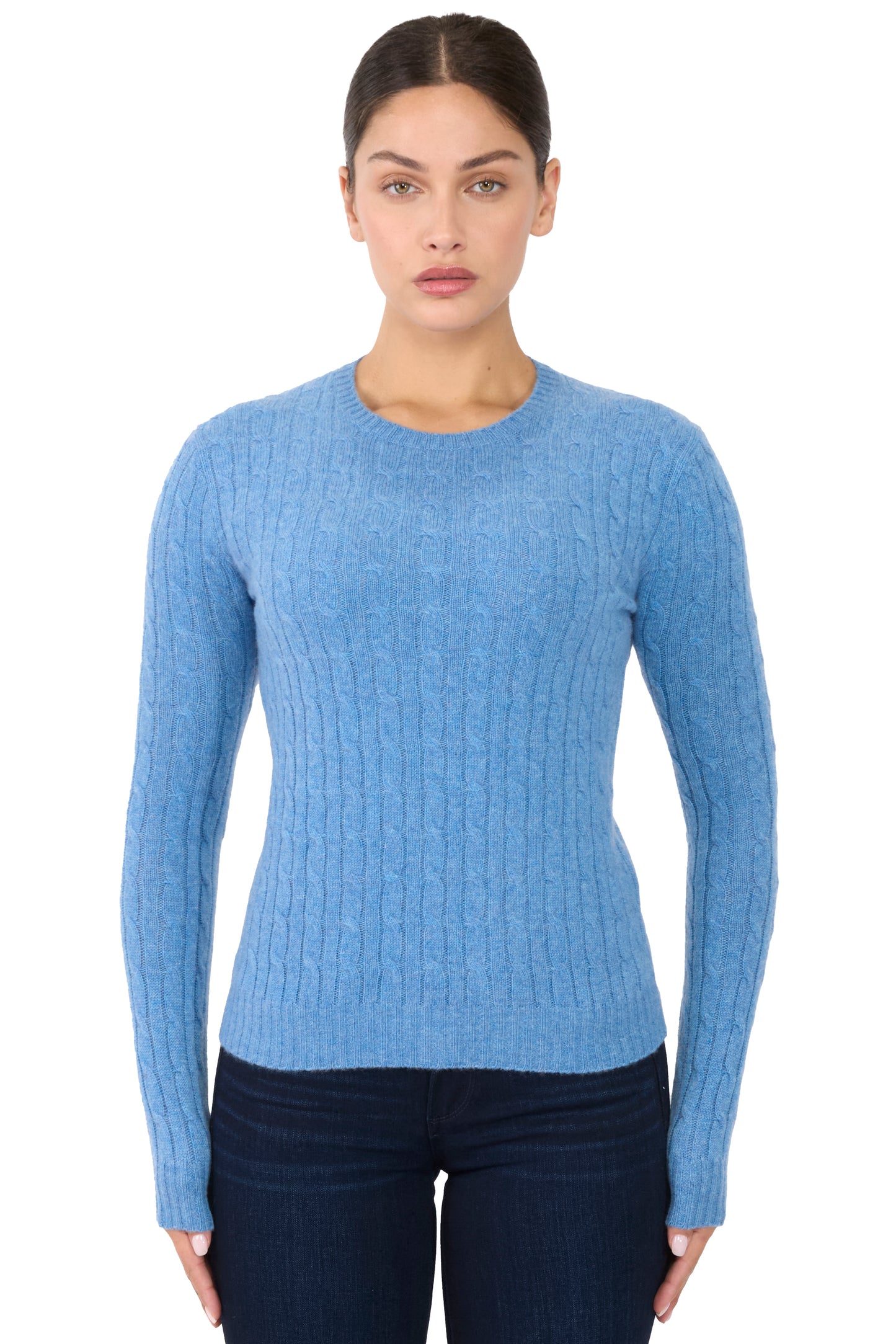JENNIE LIU Women's 100% Cashmere Cable-knit Long Sleeve Pullover Crew Neck Sweater