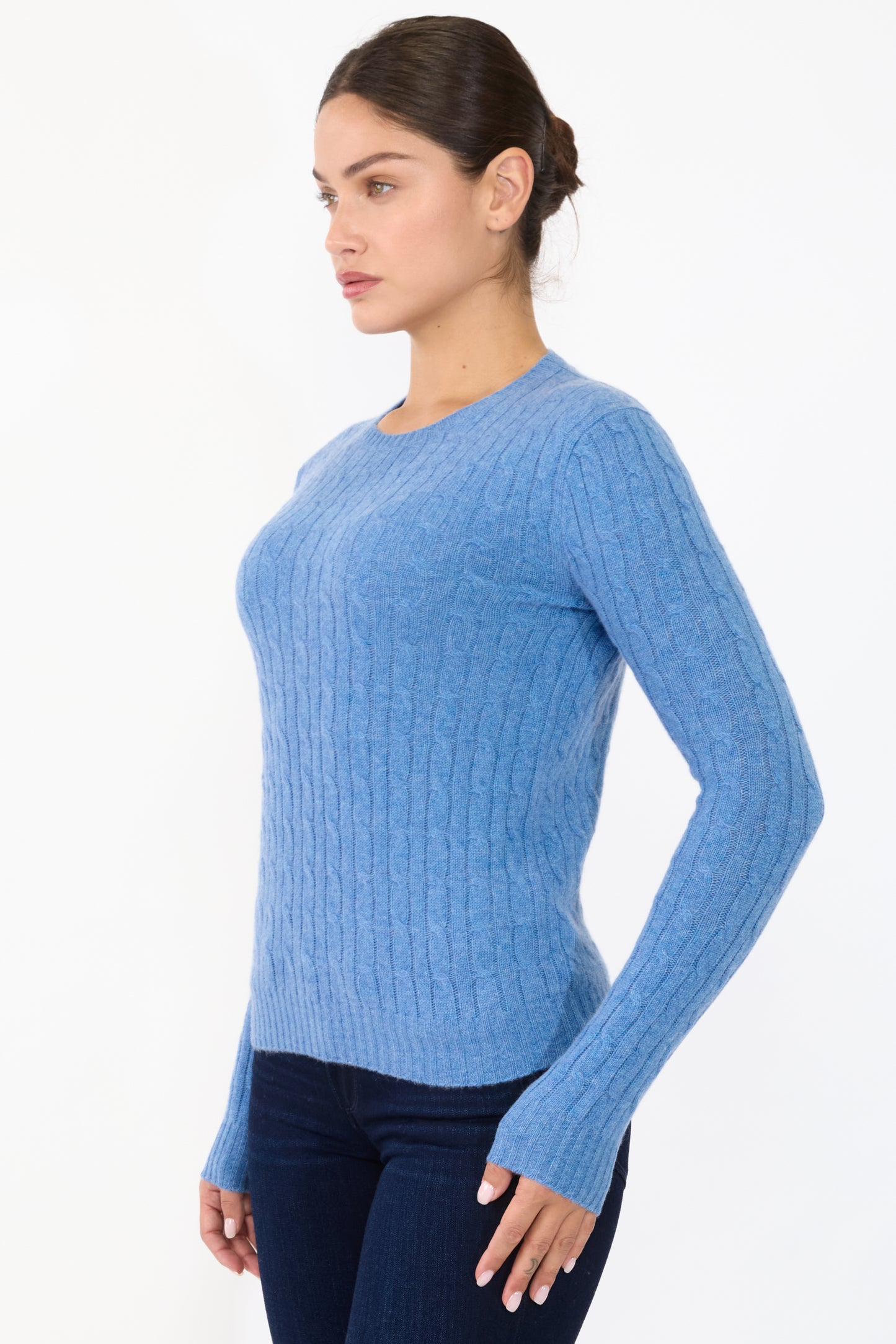 JENNIE LIU Women's 100% Cashmere Cable-knit Long Sleeve Pullover Crew Neck Sweater