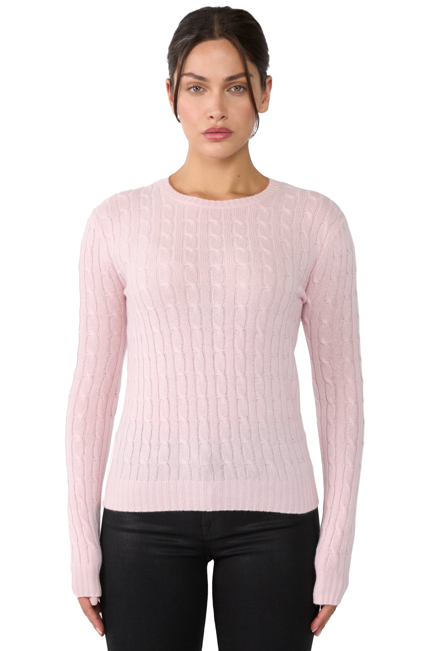 JENNIE LIU Women's 100% Cashmere Cable-knit Long Sleeve Pullover Crew Neck Sweater