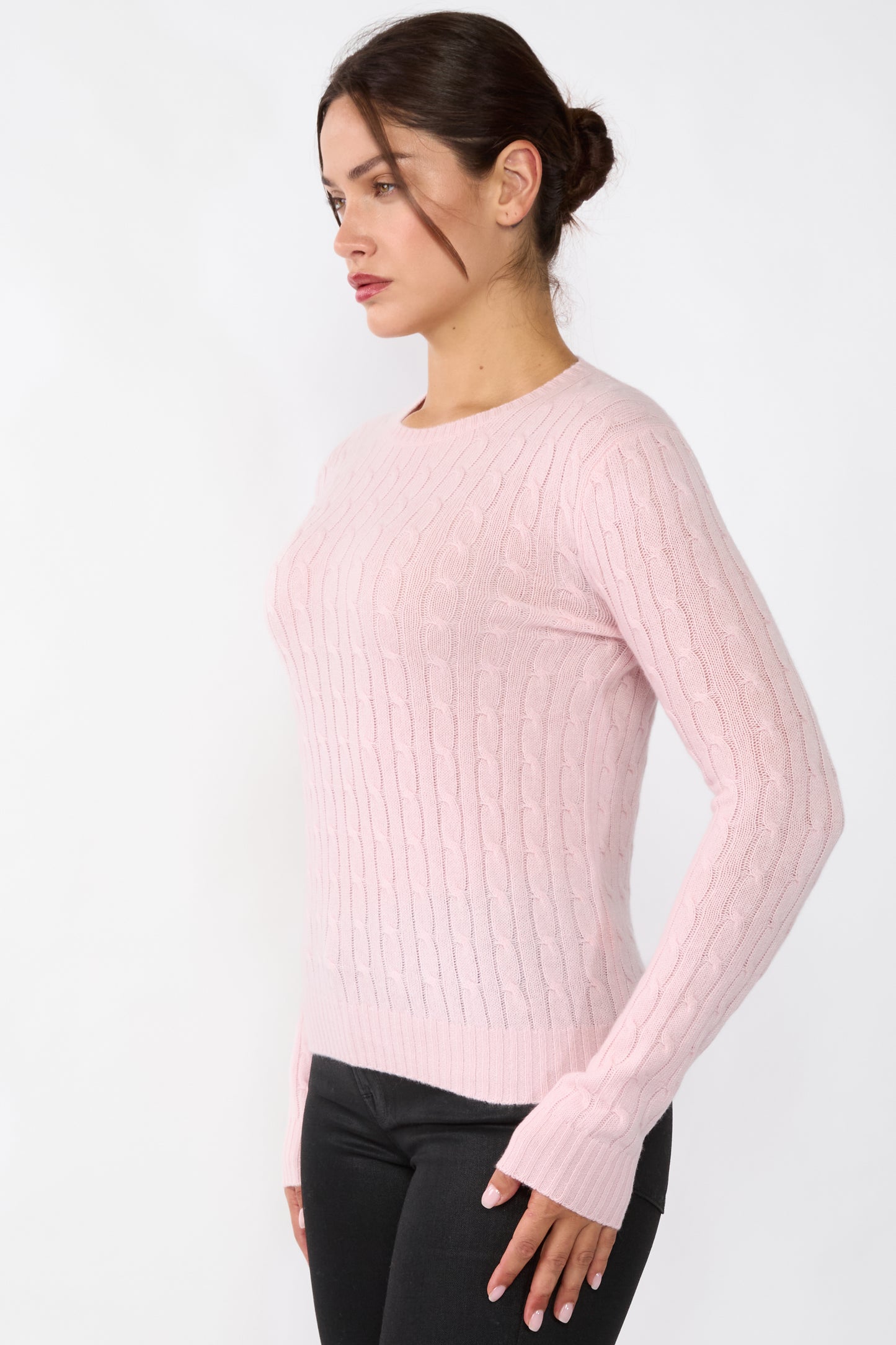 JENNIE LIU Women's 100% Cashmere Cable-knit Long Sleeve Pullover Crew Neck Sweater