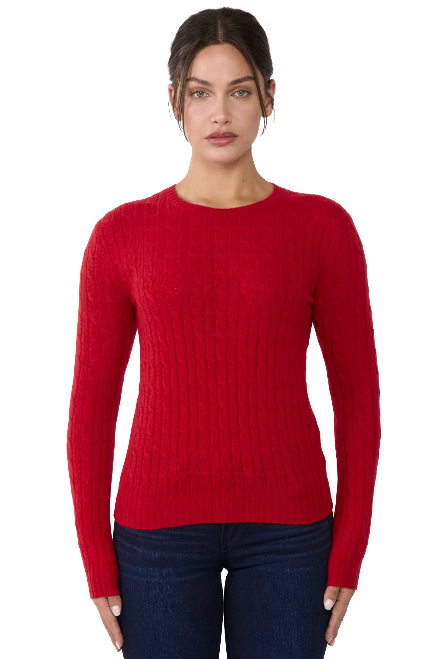 JENNIE LIU Women's 100% Cashmere Cable-knit Long Sleeve Pullover Crew Neck Sweater