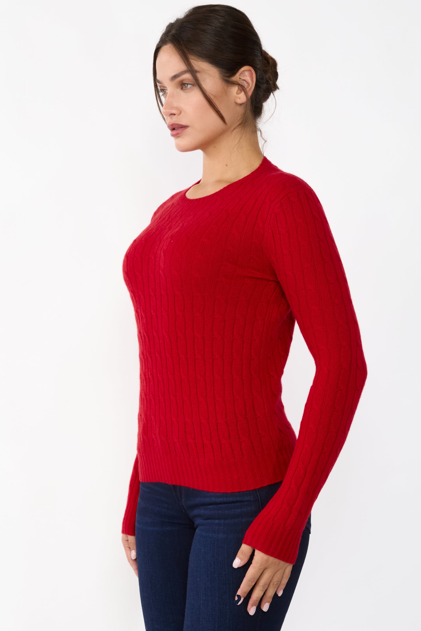 JENNIE LIU Women's 100% Cashmere Cable-knit Long Sleeve Pullover Crew Neck Sweater