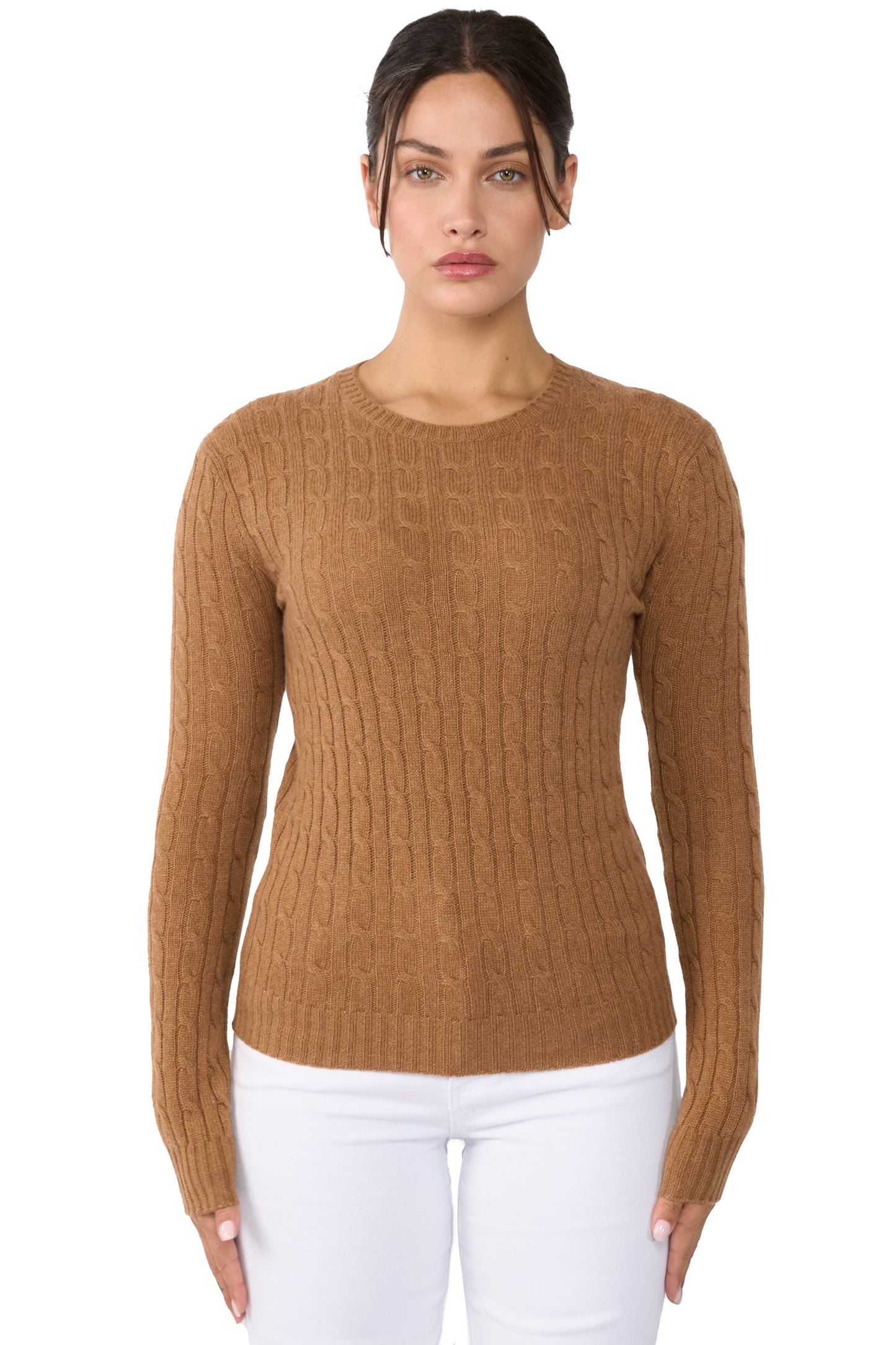 JENNIE LIU Women's 100% Cashmere Cable-knit Long Sleeve Pullover Crew Neck Sweater