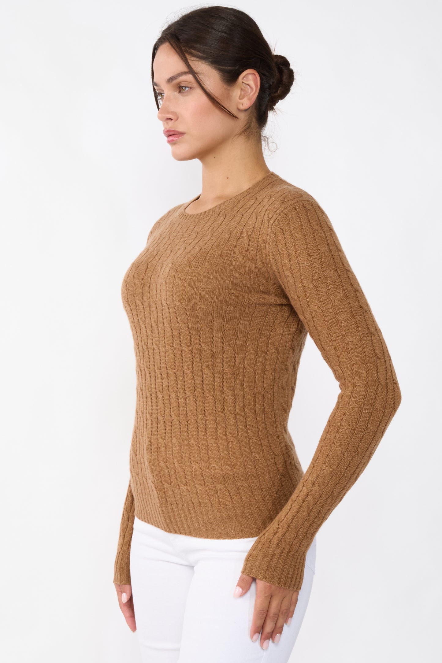 JENNIE LIU Women's 100% Cashmere Cable-knit Long Sleeve Pullover Crew Neck Sweater