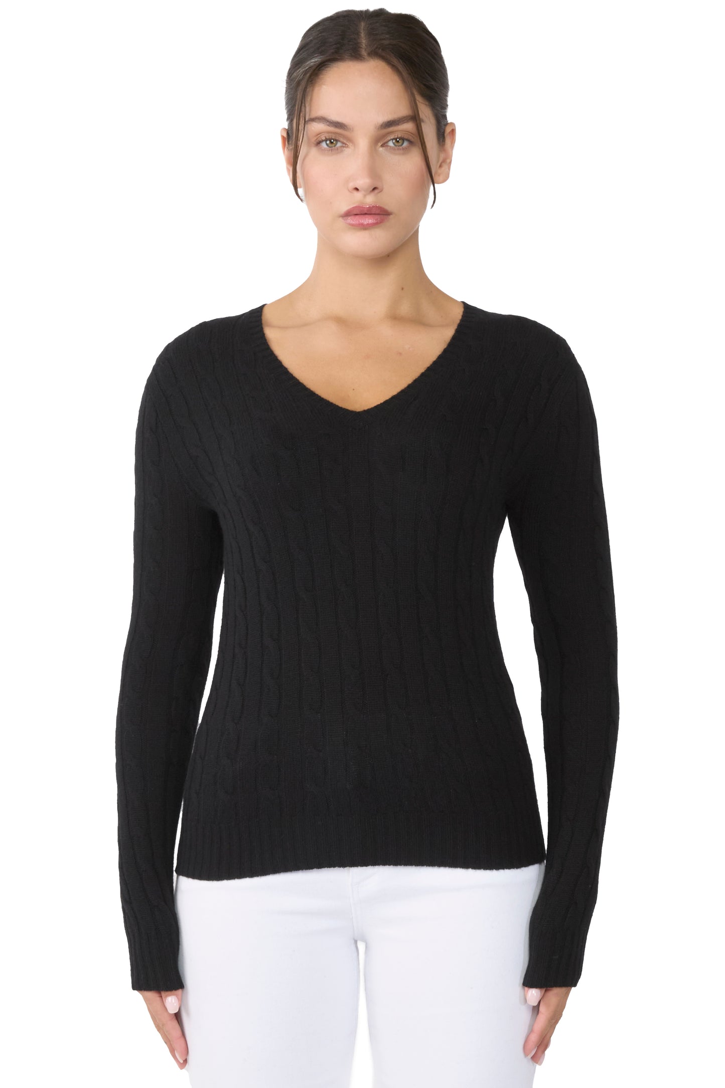 JENNIE LIU Women's 100% Cashmere Cable-knit Long Sleeve Pullover V Neck Sweater