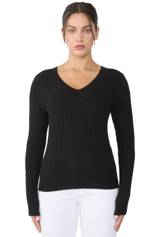 JENNIE LIU Women's 100% Cashmere Cable-knit Long Sleeve Pullover V Neck Sweater