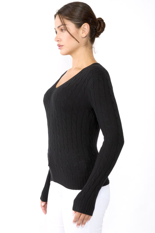 JENNIE LIU Women's 100% Cashmere Cable-knit Long Sleeve Pullover V Neck Sweater