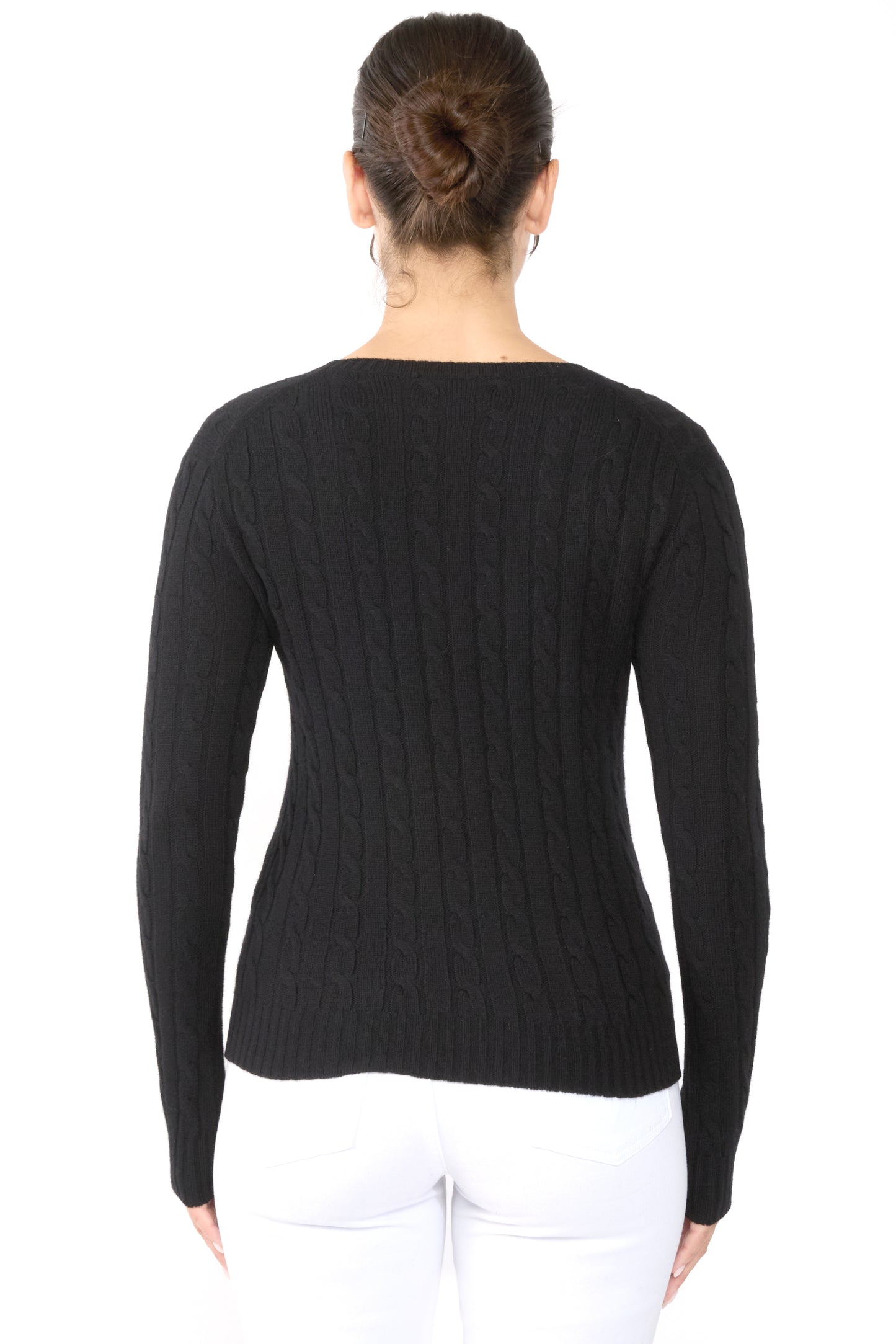 JENNIE LIU Women's 100% Cashmere Cable-knit Long Sleeve Pullover V Neck Sweater