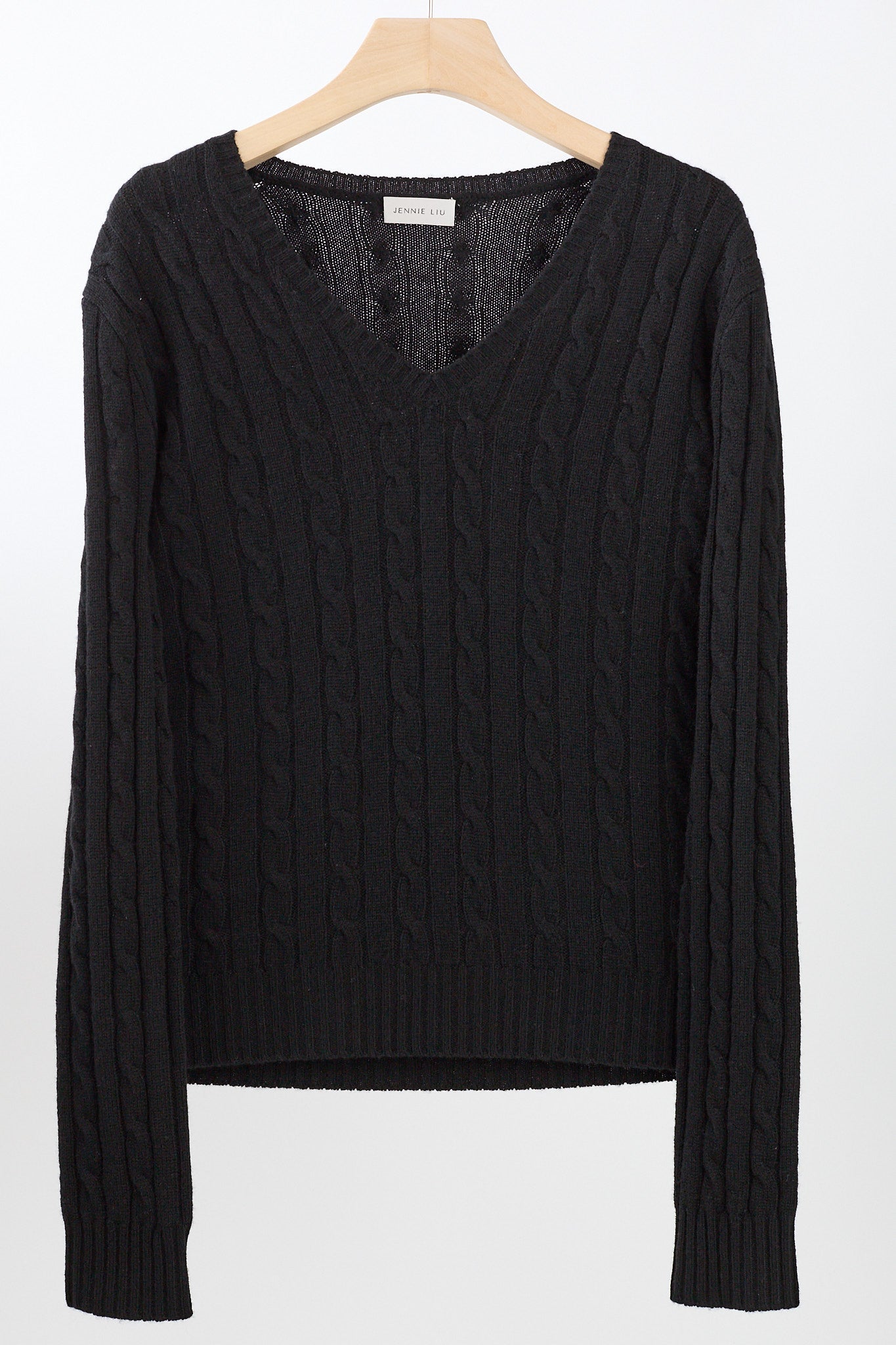 JENNIE LIU Women's 100% Cashmere Cable-knit Long Sleeve Pullover V Neck Sweater