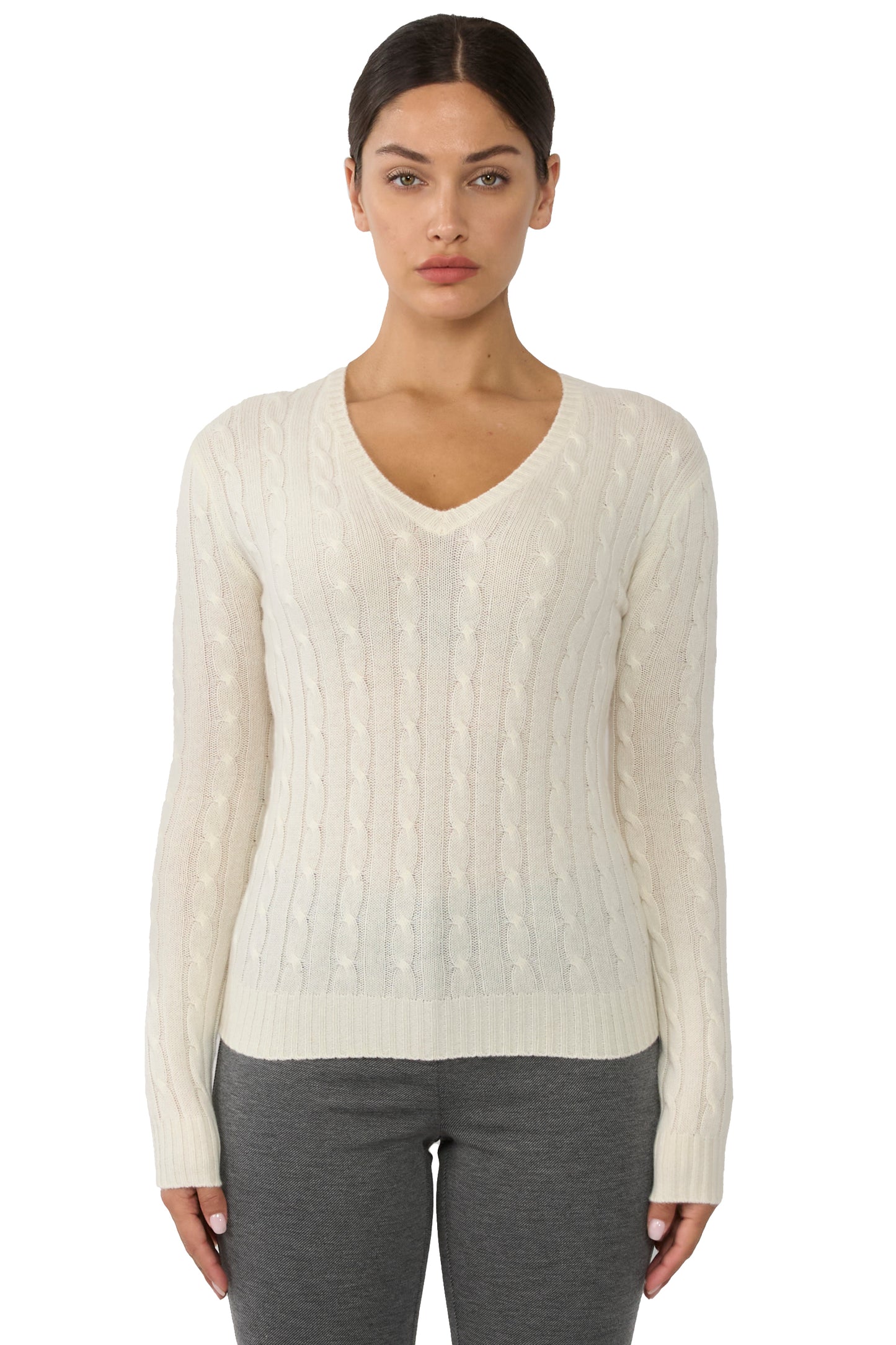 JENNIE LIU Women's 100% Cashmere Cable-knit Long Sleeve Pullover V Neck Sweater