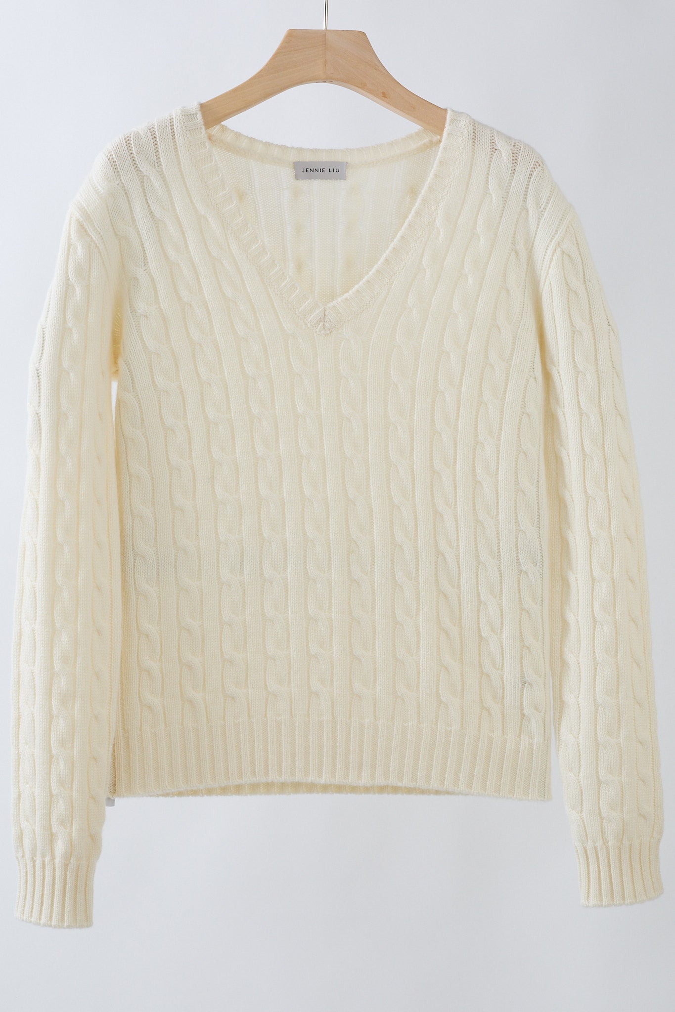 JENNIE LIU Women's 100% Cashmere Cable-knit Long Sleeve Pullover V Neck Sweater