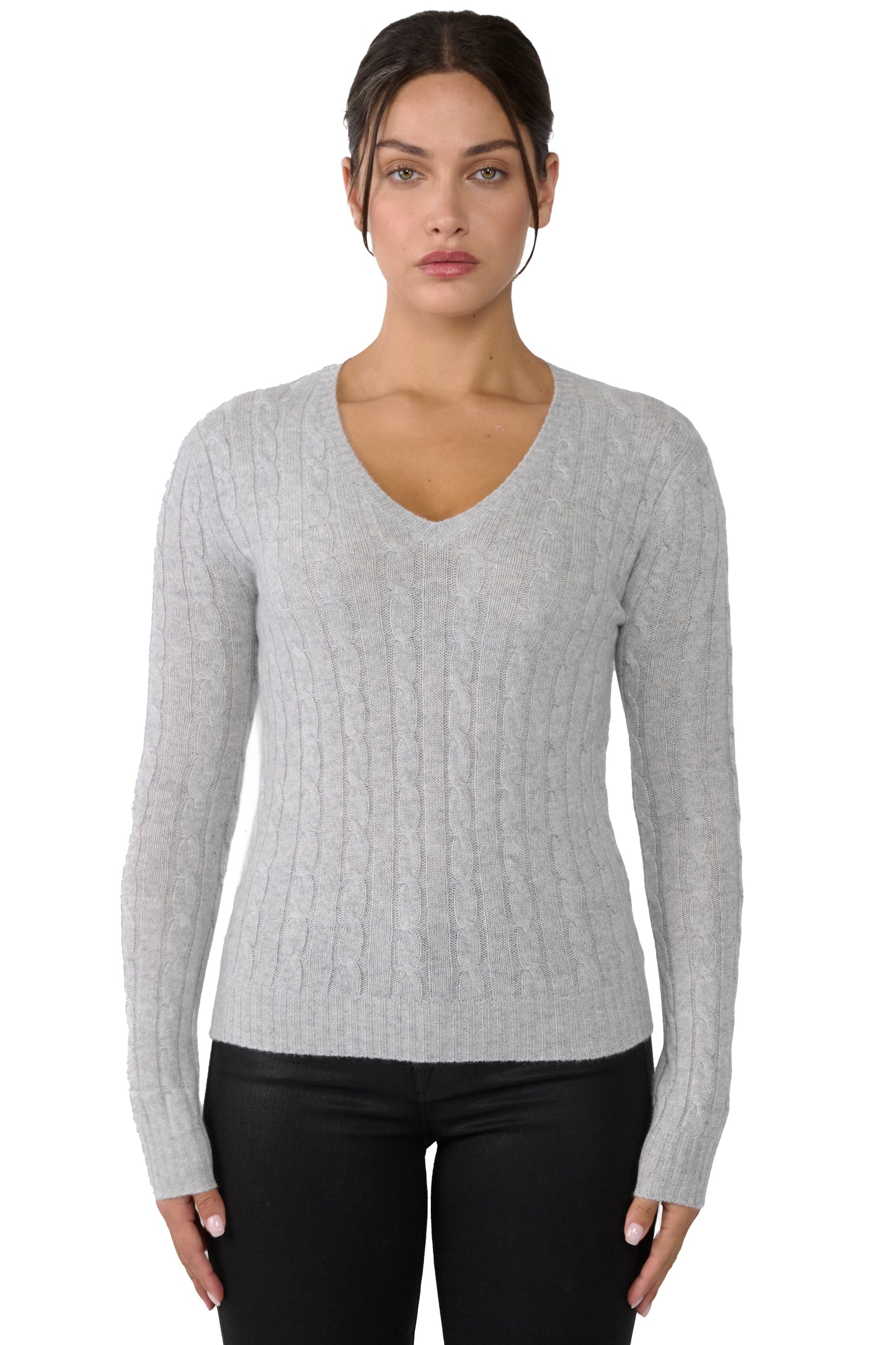 JENNIE LIU Women's 100% Cashmere Cable-knit Long Sleeve Pullover V Neck Sweater
