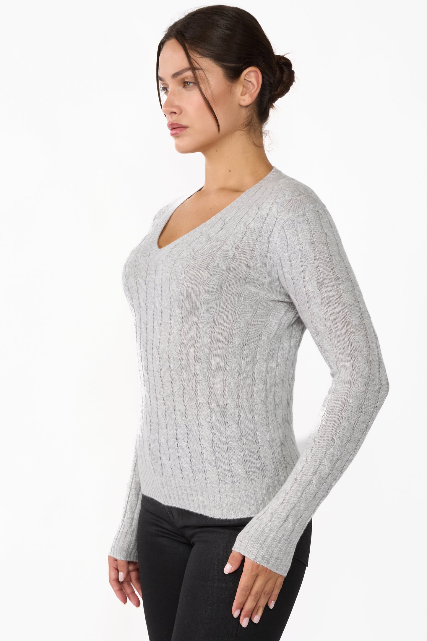 JENNIE LIU Women's 100% Cashmere Cable-knit Long Sleeve Pullover V Neck Sweater