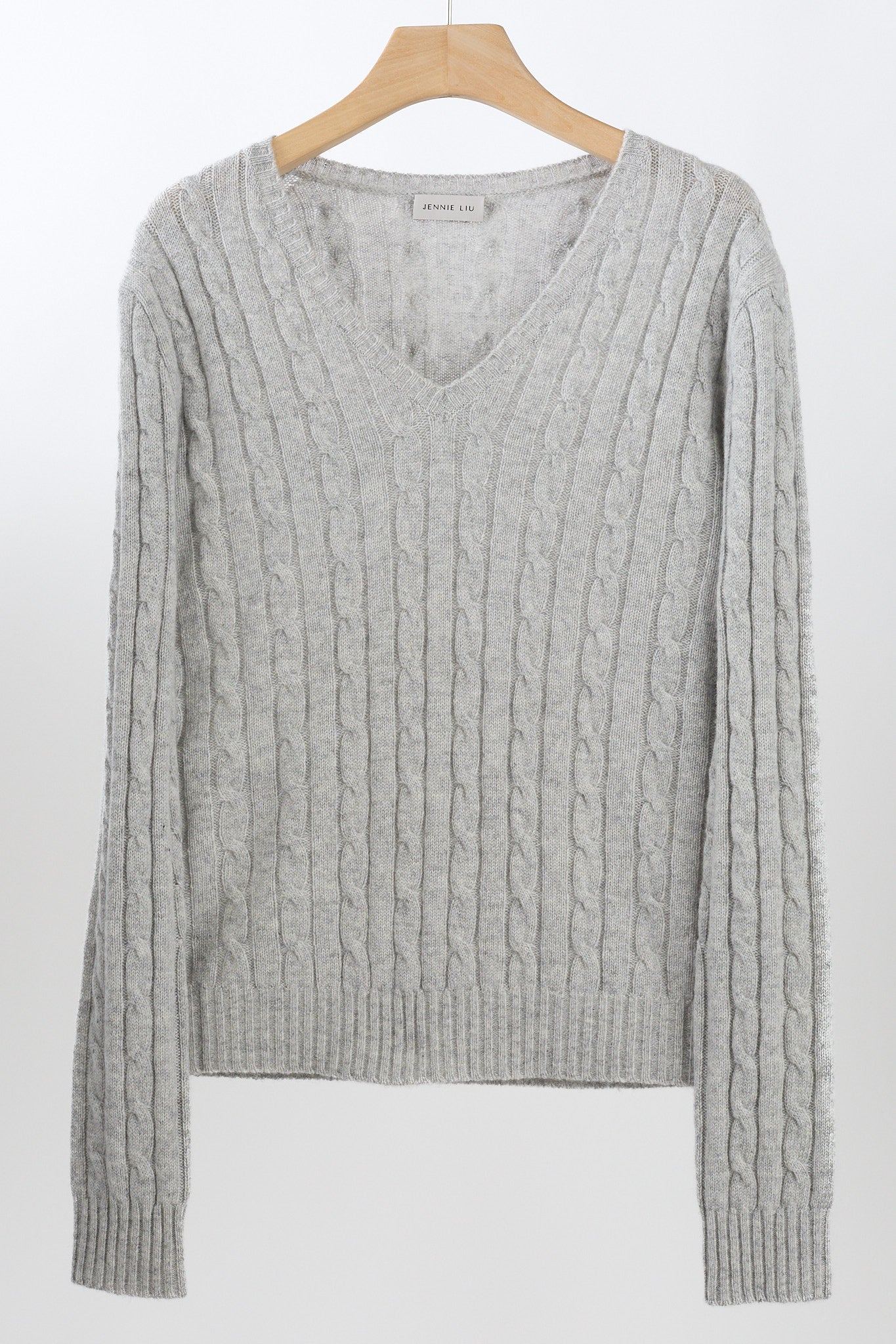 JENNIE LIU Women's 100% Cashmere Cable-knit Long Sleeve Pullover V Neck Sweater