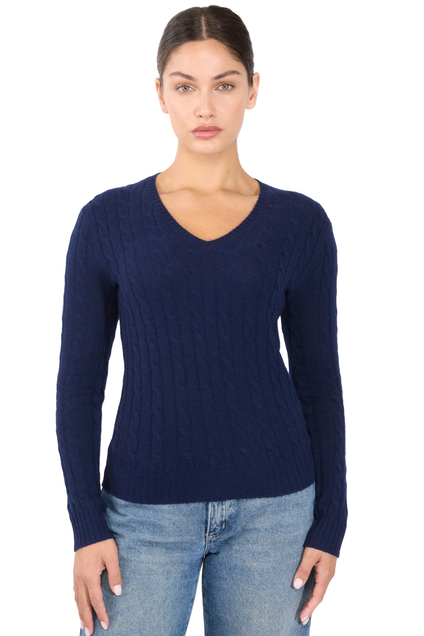 JENNIE LIU Women's 100% Cashmere Cable-knit Long Sleeve Pullover V Neck Sweater