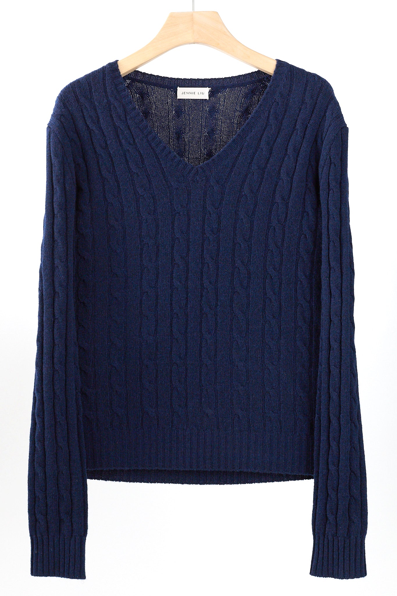 JENNIE LIU Women's 100% Cashmere Cable-knit Long Sleeve Pullover V Neck Sweater