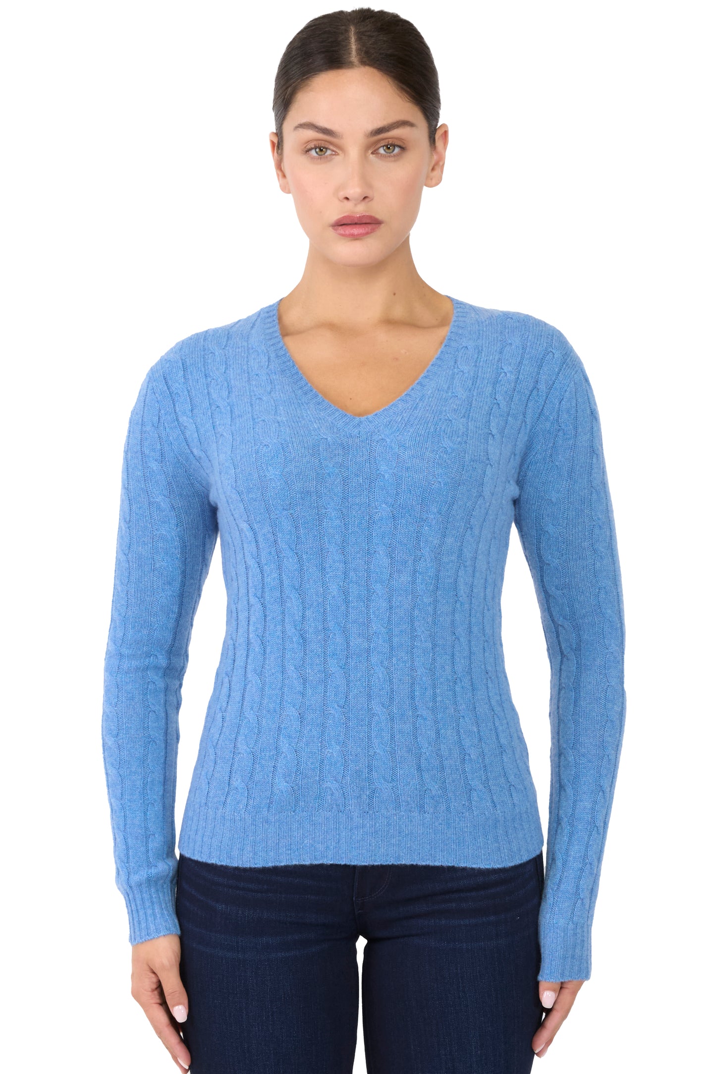 JENNIE LIU Women's 100% Cashmere Cable-knit Long Sleeve Pullover V Neck Sweater