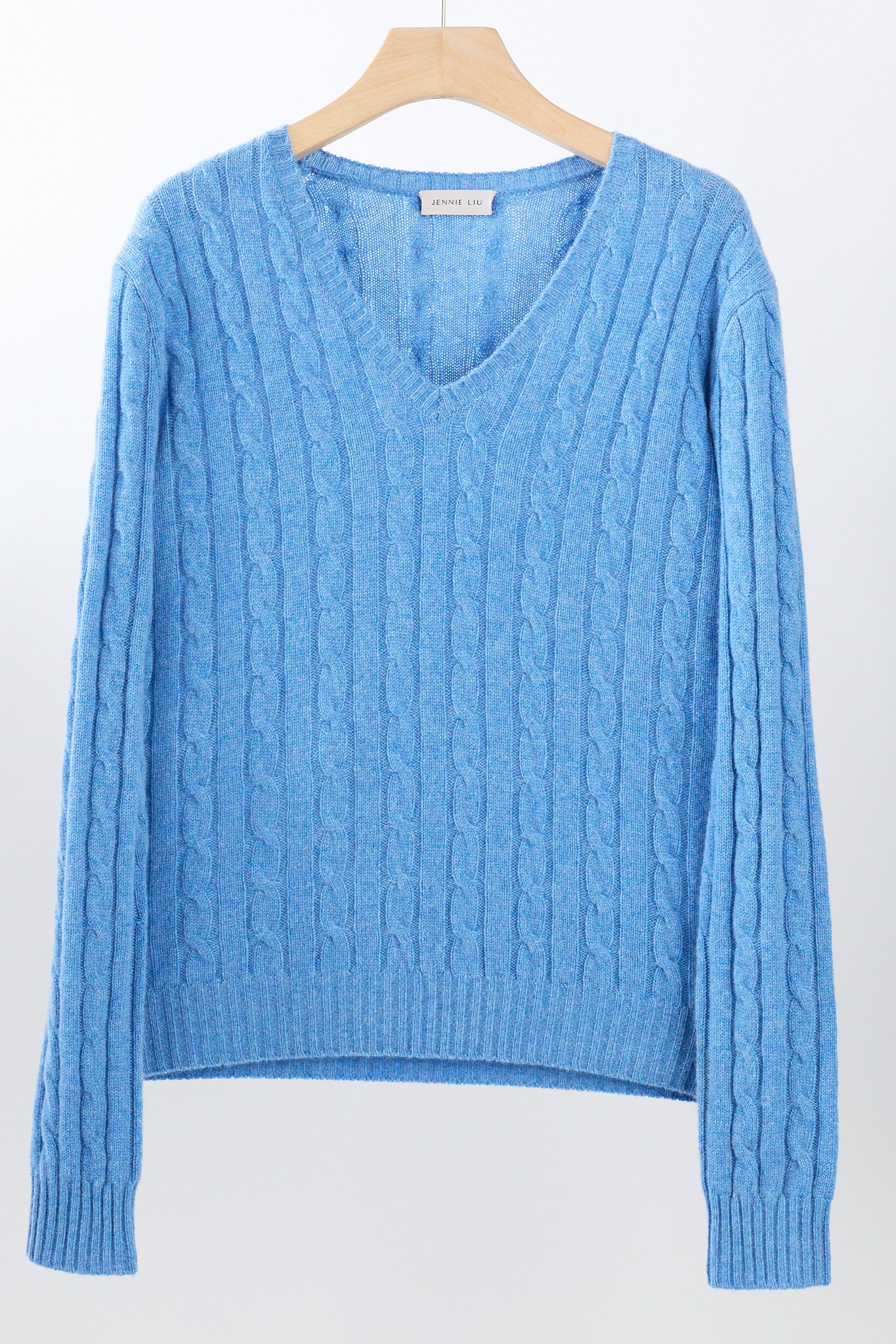 JENNIE LIU Women's 100% Cashmere Cable-knit Long Sleeve Pullover V Neck Sweater